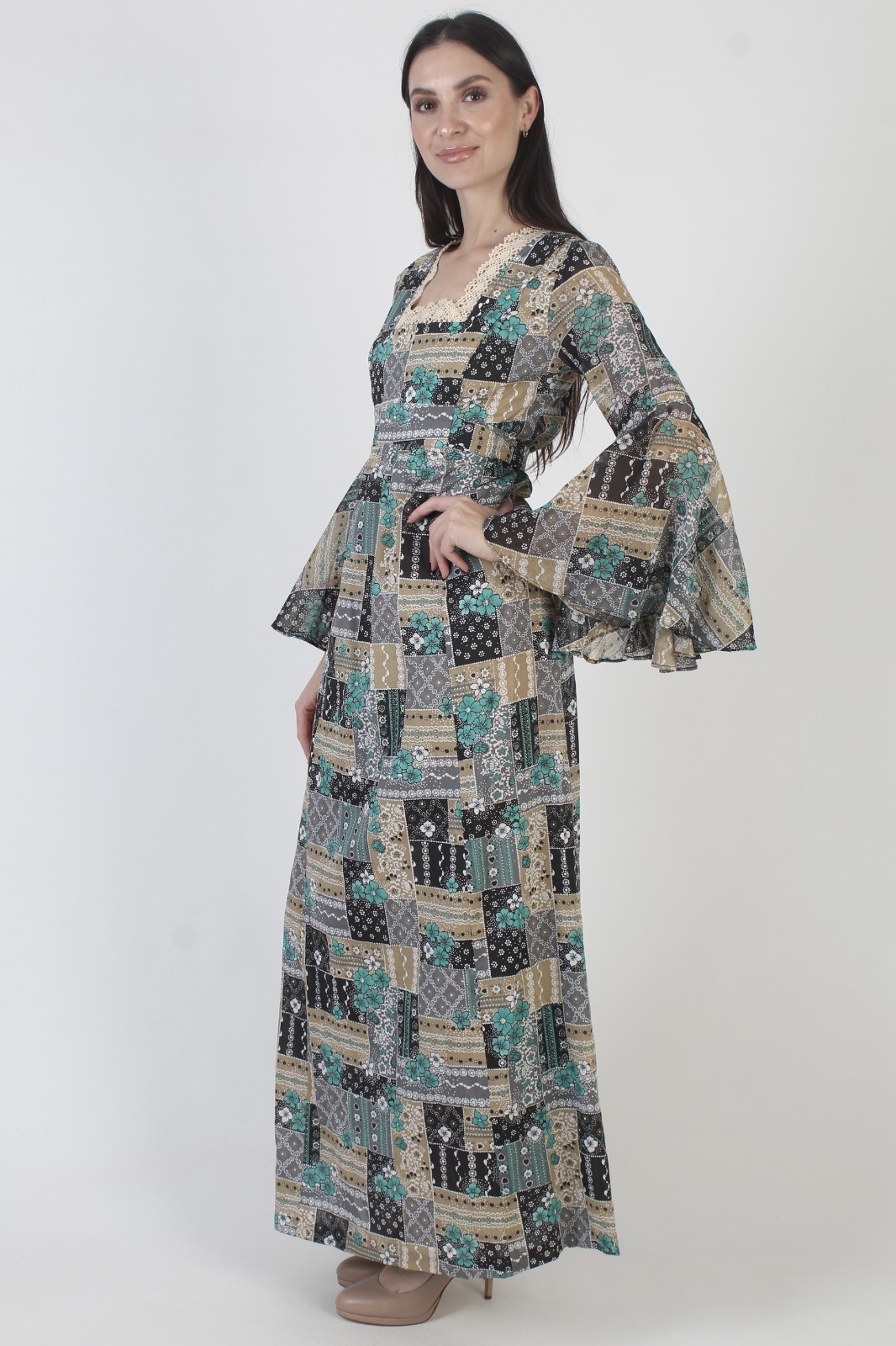 Vtg 70s Patchwork Dress Kimono Angel Sleeves Boho Wedding Prairie Cottage Maxi