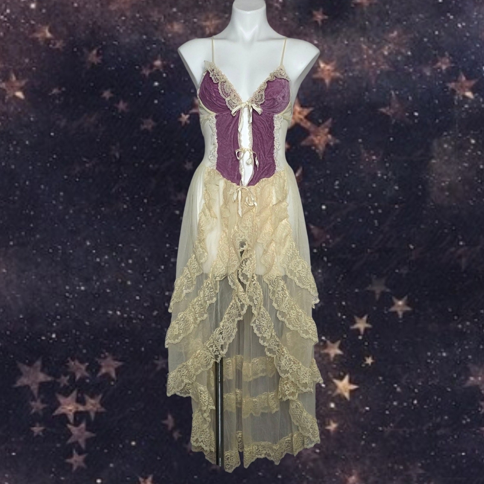 Rare 70s Faris “Treasure” Purple Velvet & Lace Fairy Negligee Gown, size Medium