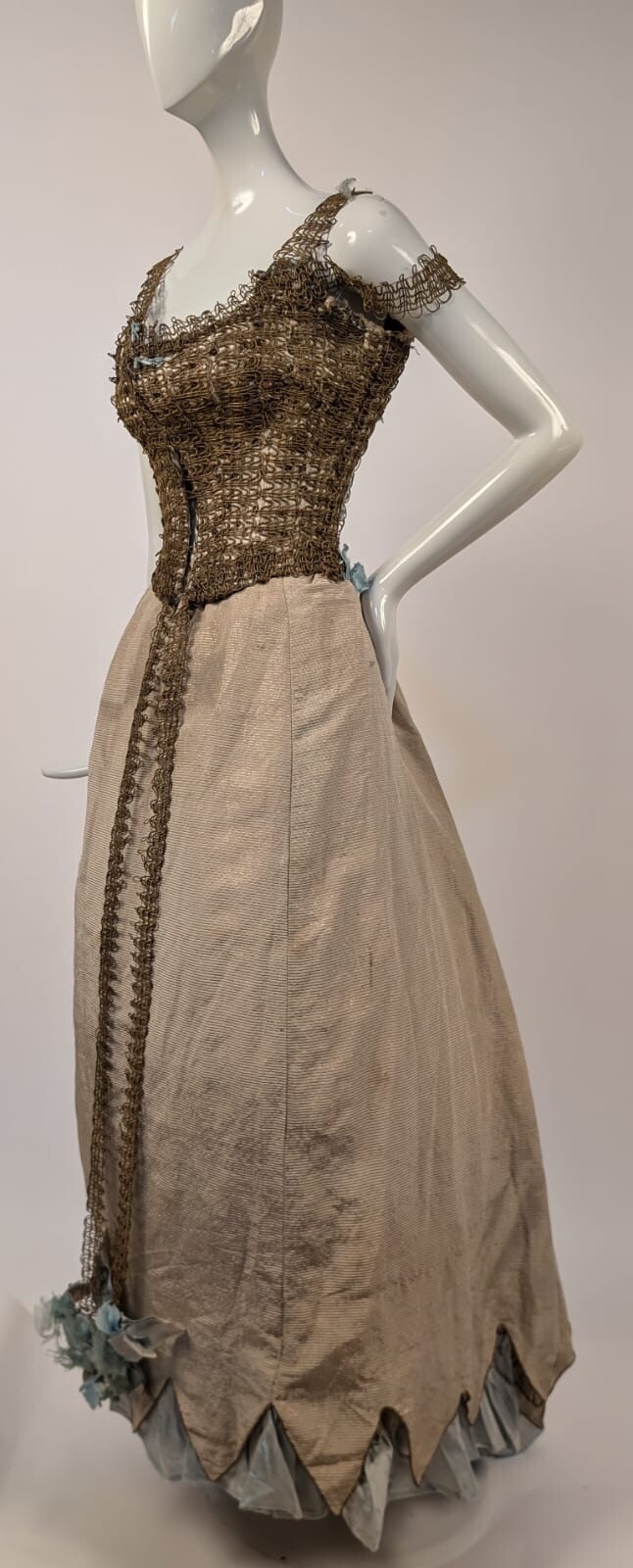 UNUSUAL VICTORIAN 1880’S SILK FAILLE + METALLIC GOLD BRAID BUSTLE DRESS