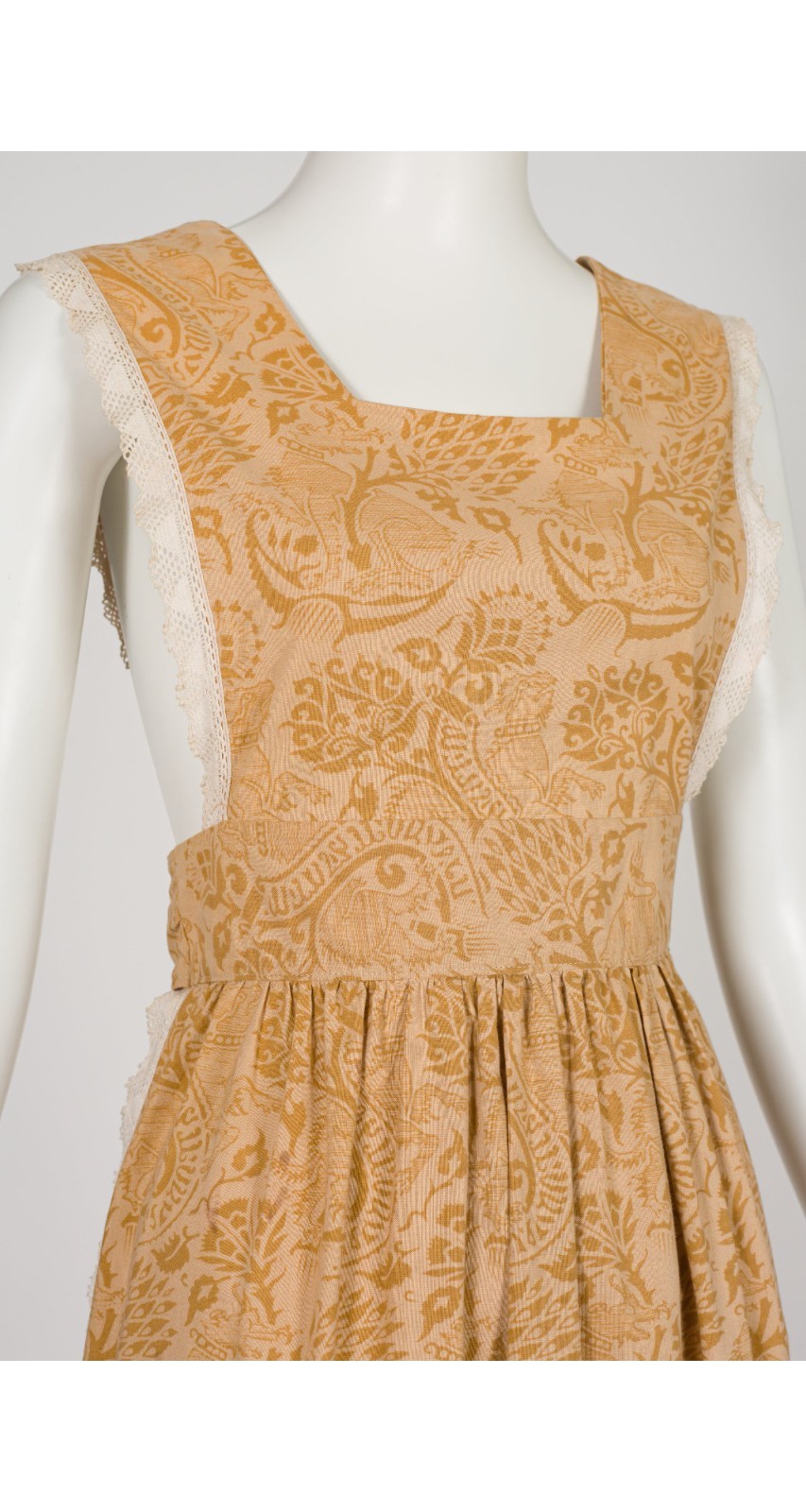 Laura Ashley 1970s Griffin Block Print Cotton Pinafore Apron Vintage Midi Dress