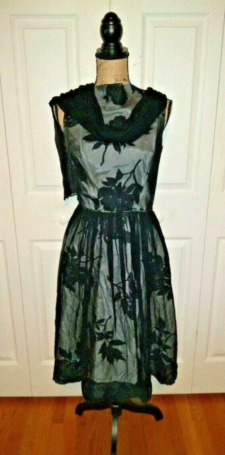 Vintage 1950&rsquo;s Scarf Style Green Black Chiffon Dress Size 14 Jackie O Theatre