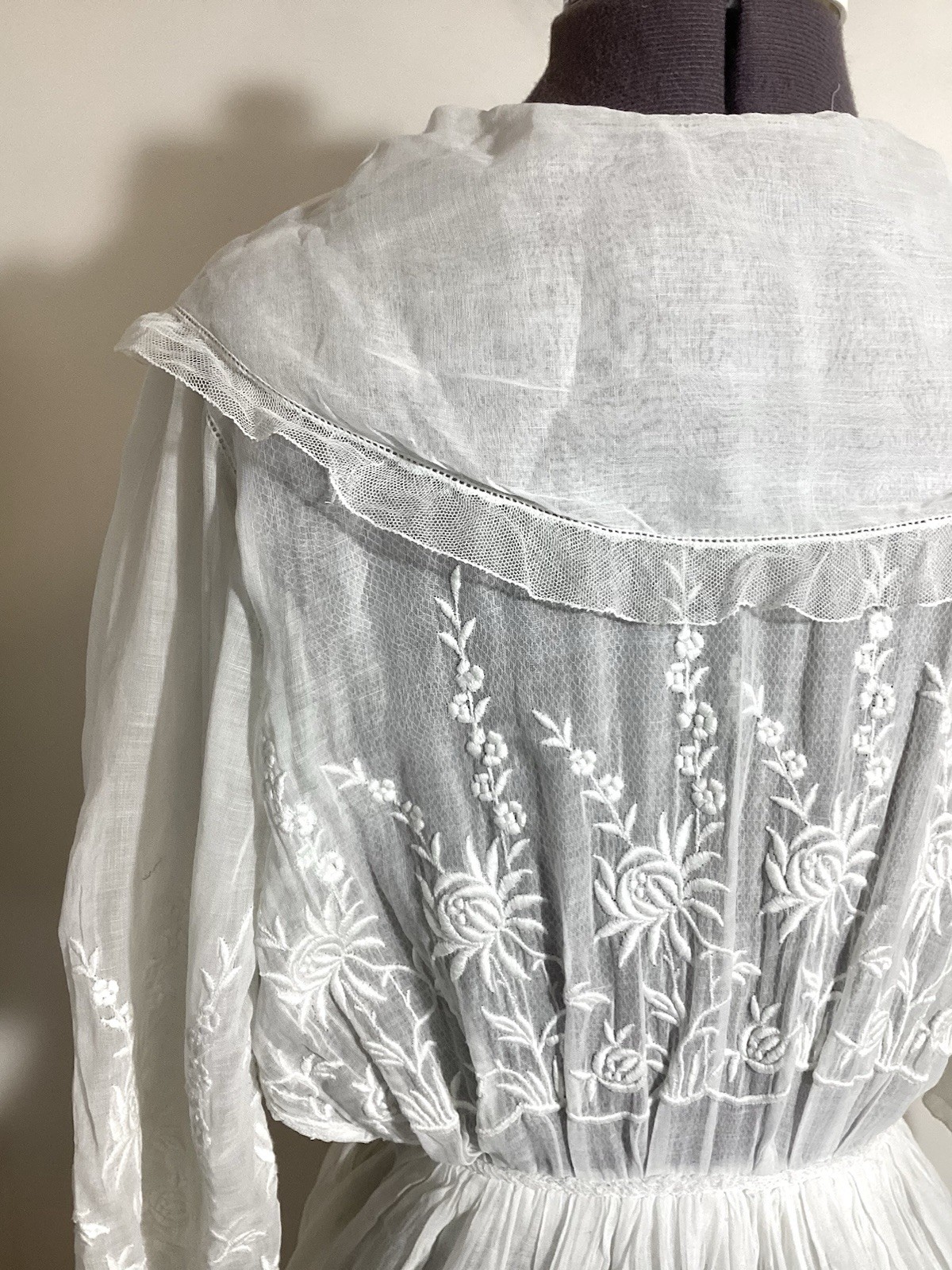 Edwardian 1910s Cotton Gauze Tea Gown Tiered Summer Dress Embroidery Mesh Ruffle
