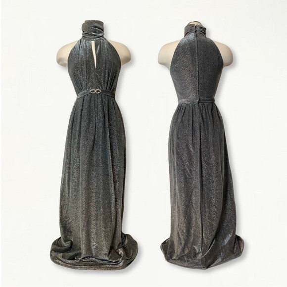Vintage 1970s Silver Metallic Studio 54 Keyhole Jewel Belted Halter Maxi Dress