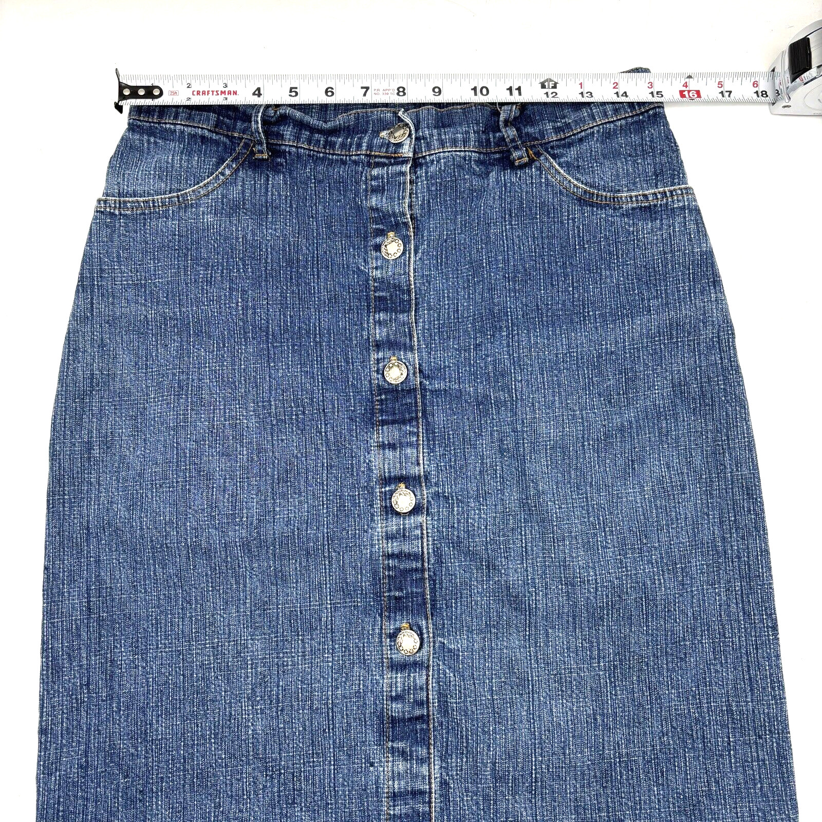 Vintage 90s P&S USA Medium Wash Button Down Denim Pencil Skirt 30×21.5&Prime;