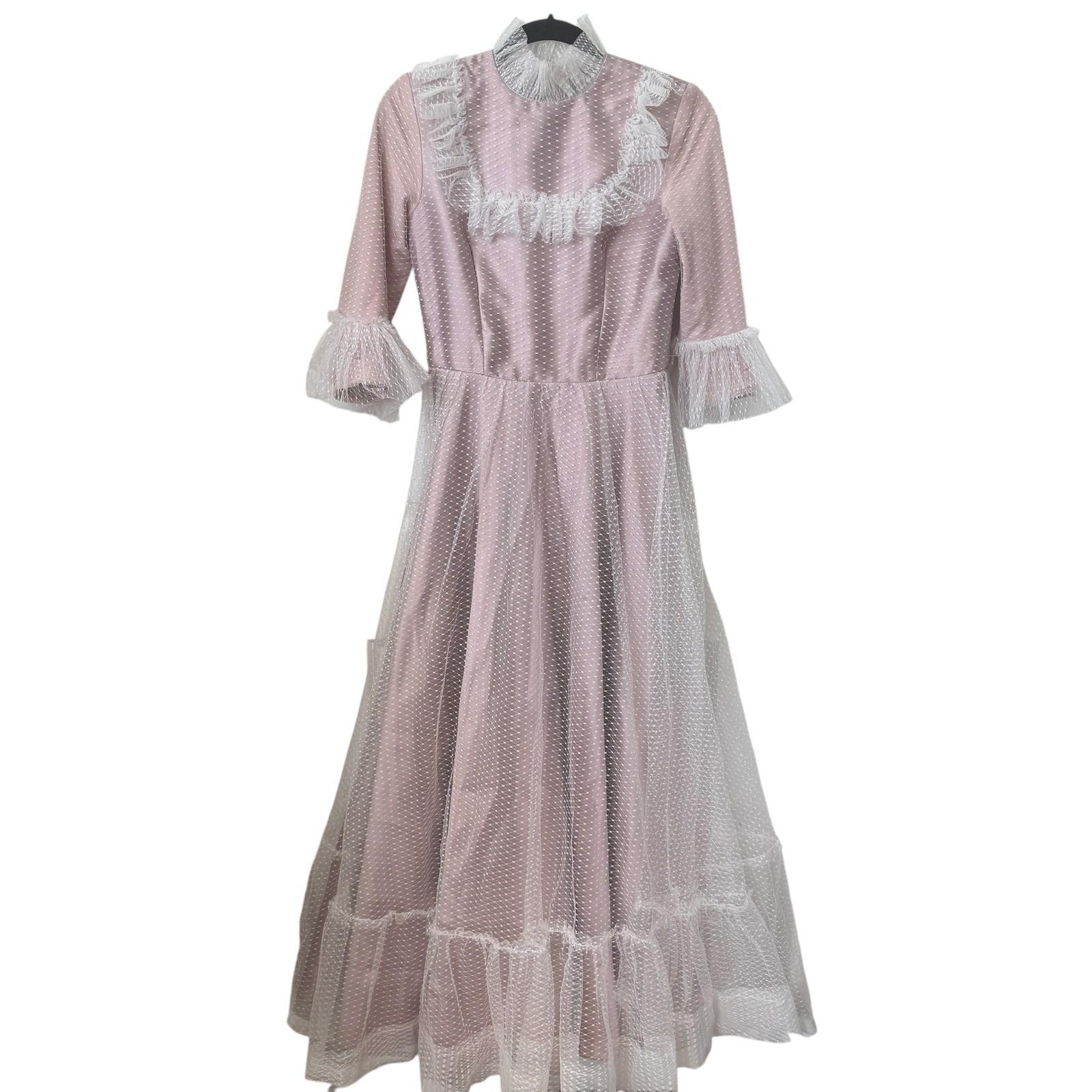 Mauve Pink Satin Point D&rsquo;esprit Tulle Lace Maxi Dress Size 4 prairie