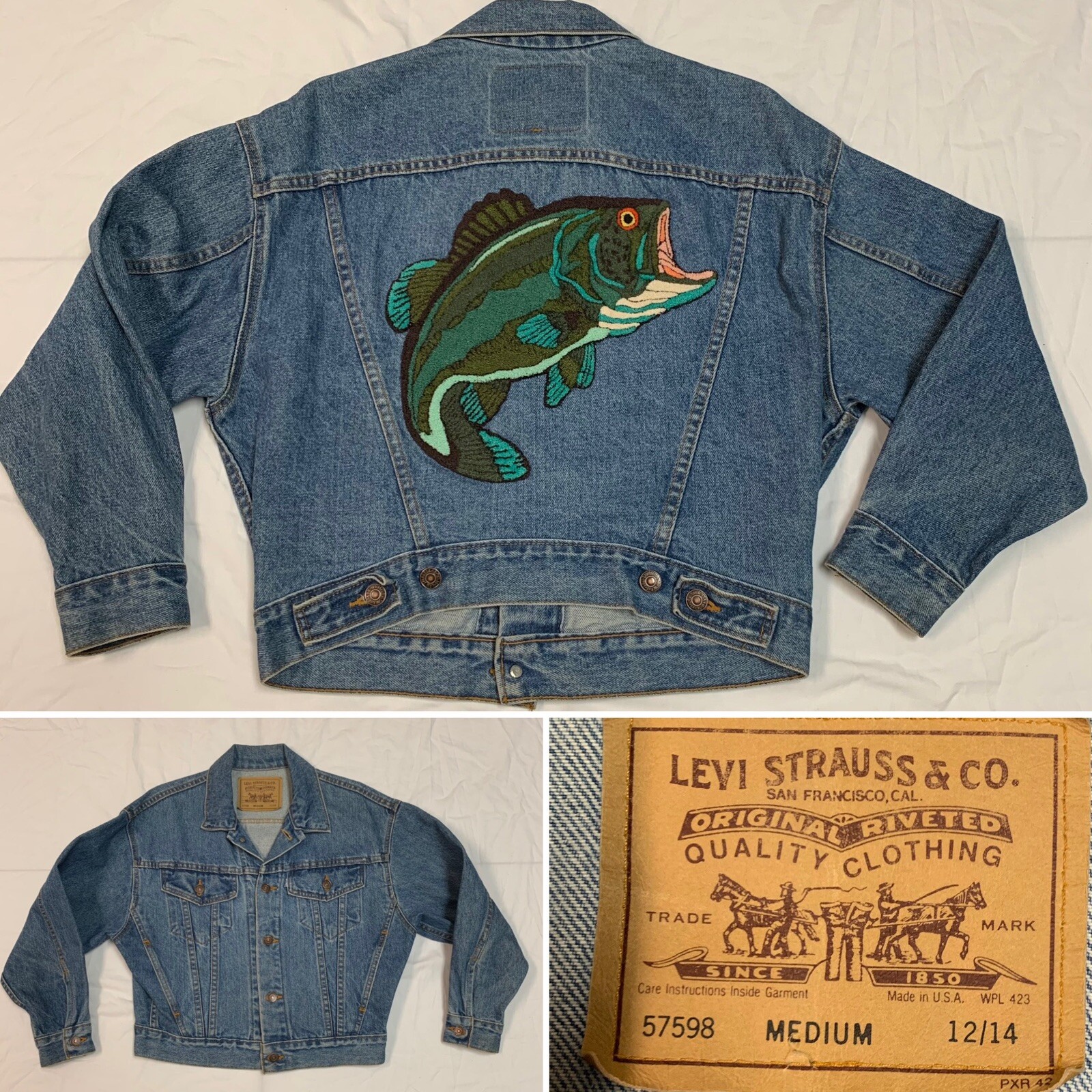 Womens Vintage Levis Denim Jacket Medium 12/14 57598 Embroidered Fish Patch Bass