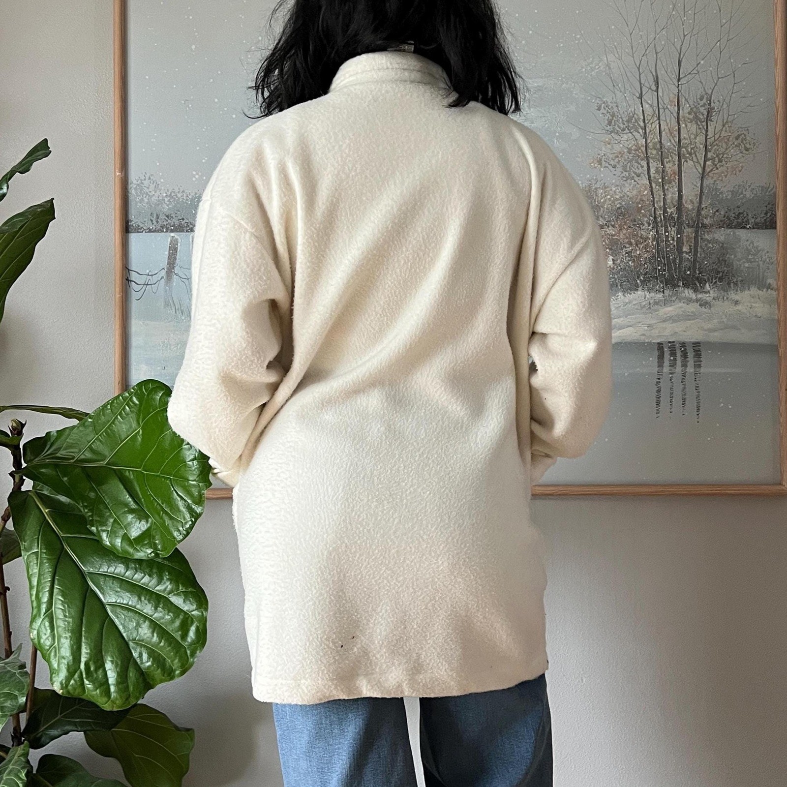 Vintage Cream Fleece Jacket Oversized Minimalist Coat Cozy Neutral 90s