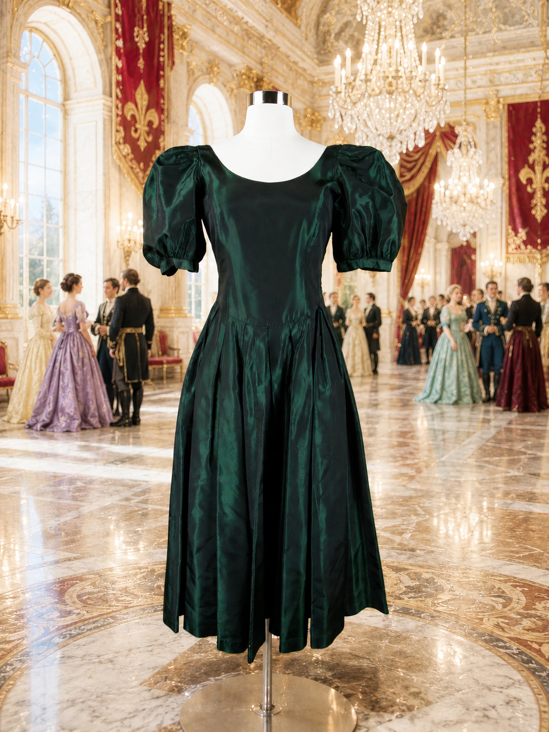 VTG Laura Ashley Midi Party Dress 80s Emerald Green Taffeta Princess Sleeve S