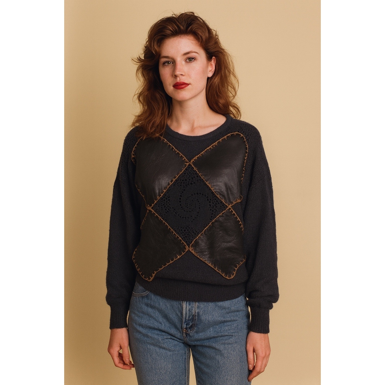 Andriano Black Sweater Patchwork Argyle Faux Leather Women&rsquo;s Small Vegan Vintage
