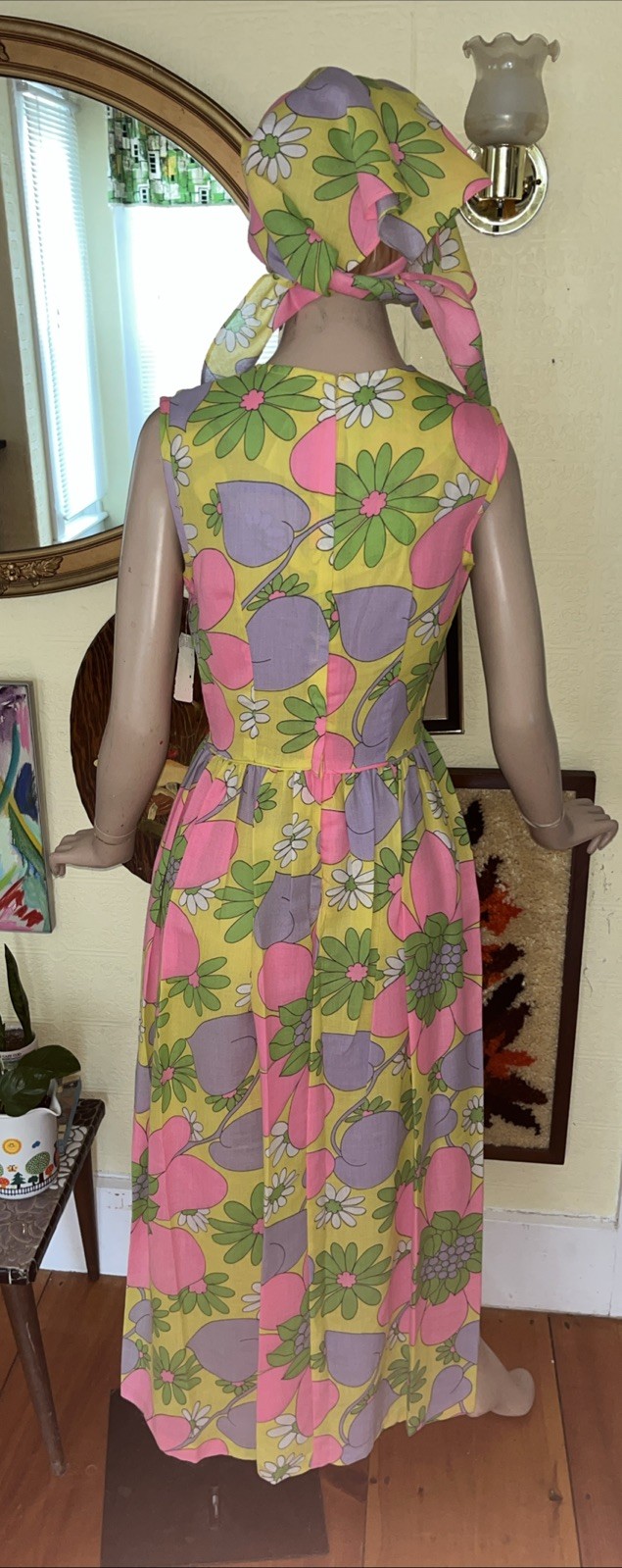 Vintage 60s 70s NOS psychedelic Mod Neon Floral Maxi Dress 2 Piece Head wrap