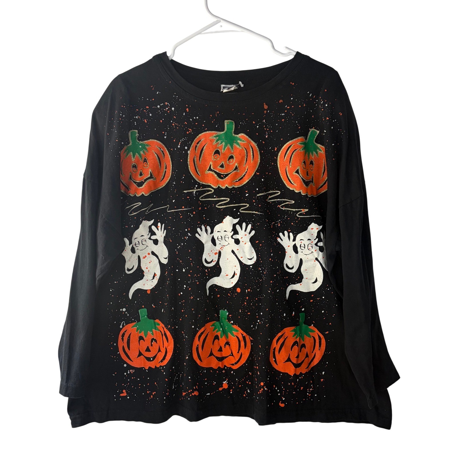 Vintage Cotton LA Halloween Pumpkin Ghost Plus Size Long Sleeve Shirt Black USA
