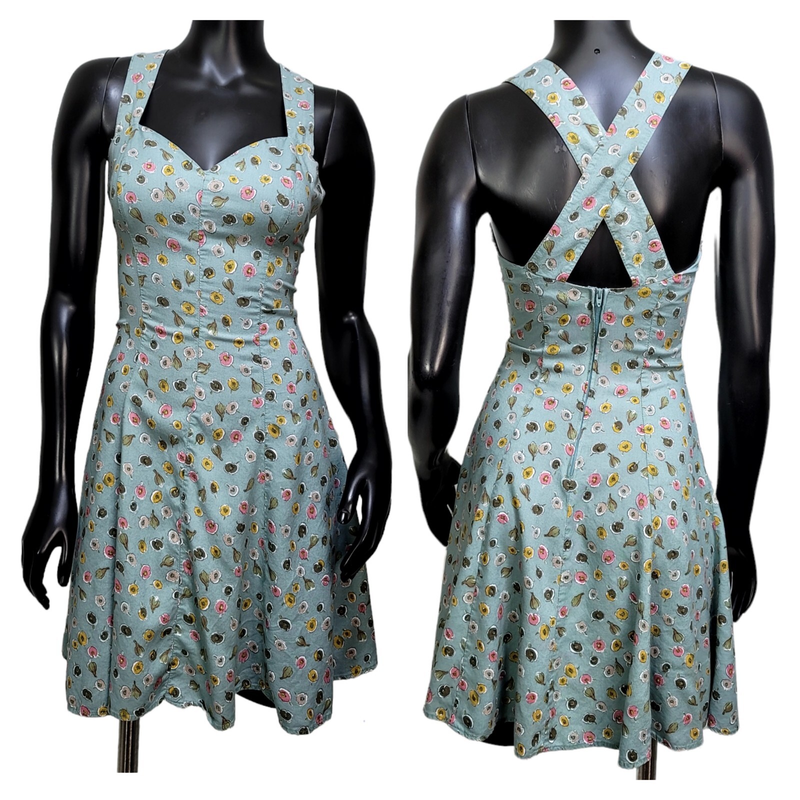 Vintage 90s Y2K Rampage Size S/M Floral Criss Cross Back Fit & Flare Dress