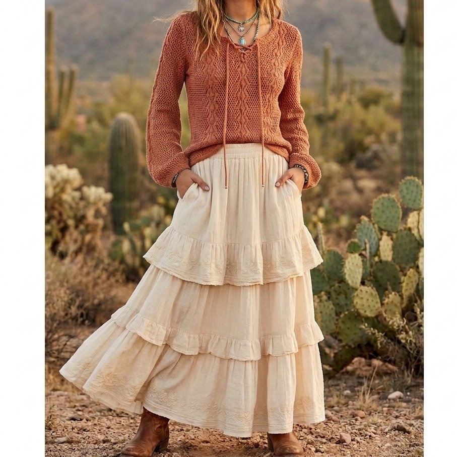 Vintage Boho Western Open Knit Sweater Womens S Lace Up Hippie Cottage Peasant