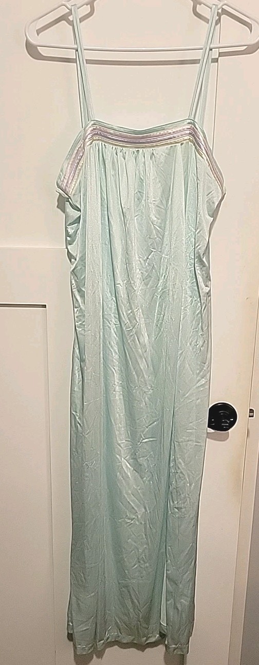 Vintage Spaghetti Strap Night Gown & Belted Robe Set Satin Pale Blue Pastel Trim
