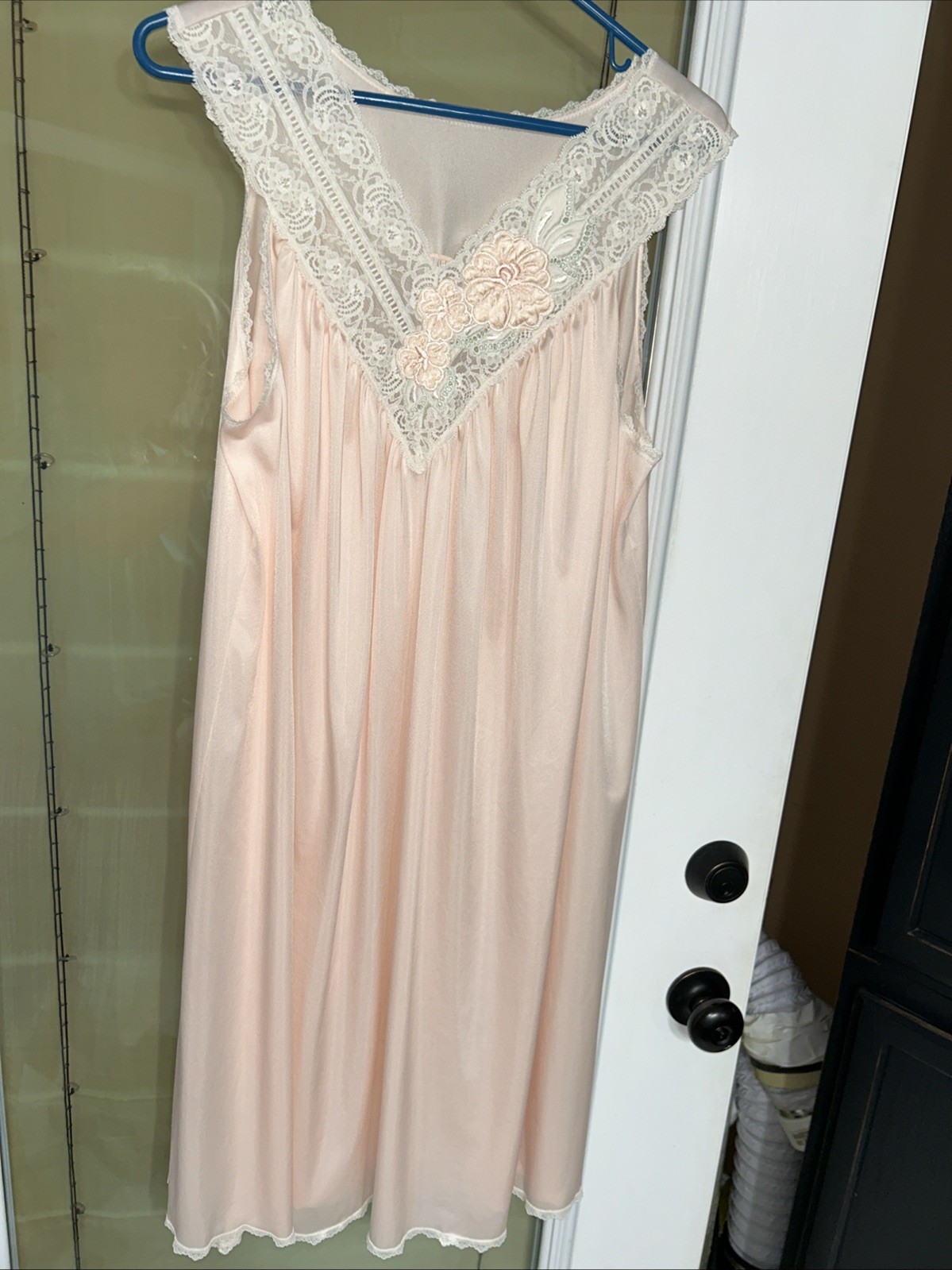 Vintage Shadowline Pink Nylon Nightgown Lace Applique Long Size L