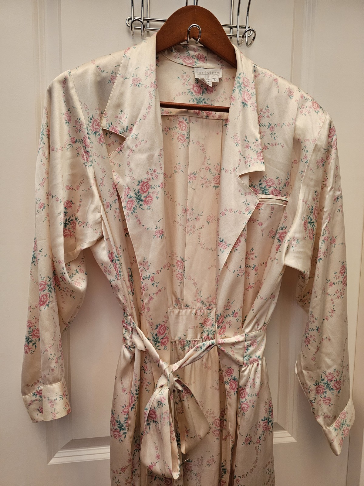 VTG Nordstrom Lingerie 100% Silk Wrap Robe Floral Cream Pink Romantic Luxury L