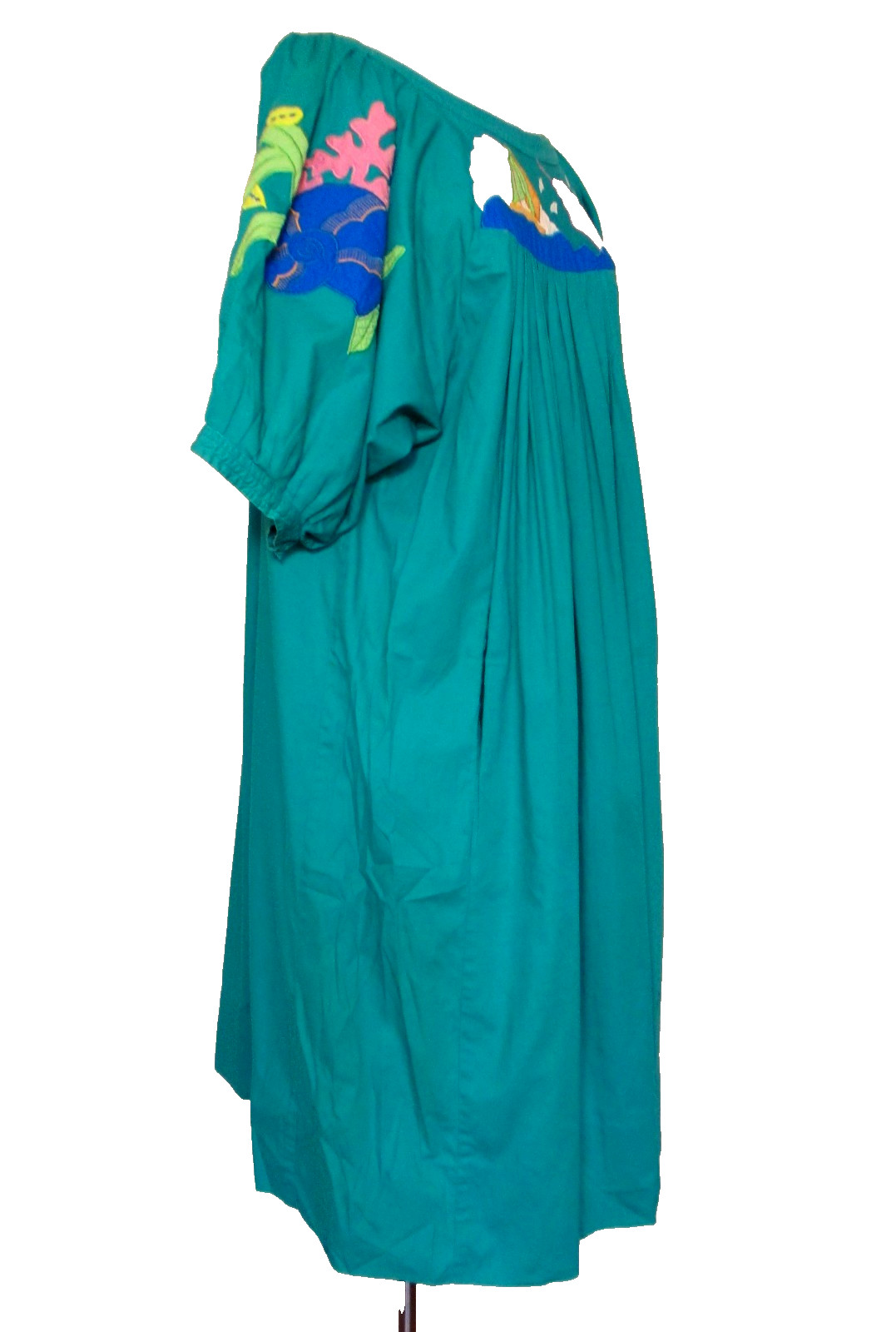 Vtg Penchant Dress Caftan M/L Women Teal Green Cotton Seascape Shell Embroidery