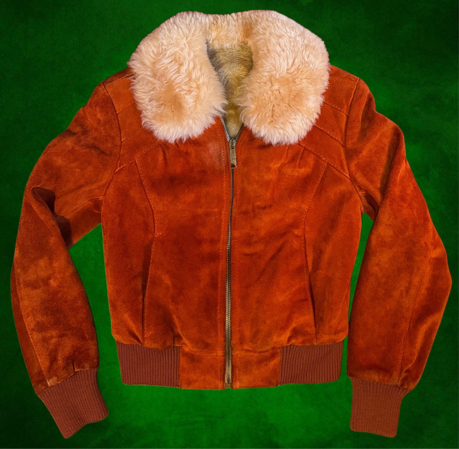 Vintage 70s Rust Suede Bomber Jacket Uruguay Wool Collar Womens XS/S Cropped