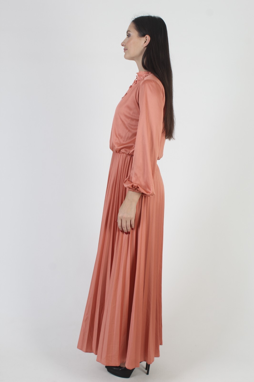 Vtg Rust Grecian Goddess Pleated Maxi Dress Ancient Roman Disco Party Gown M