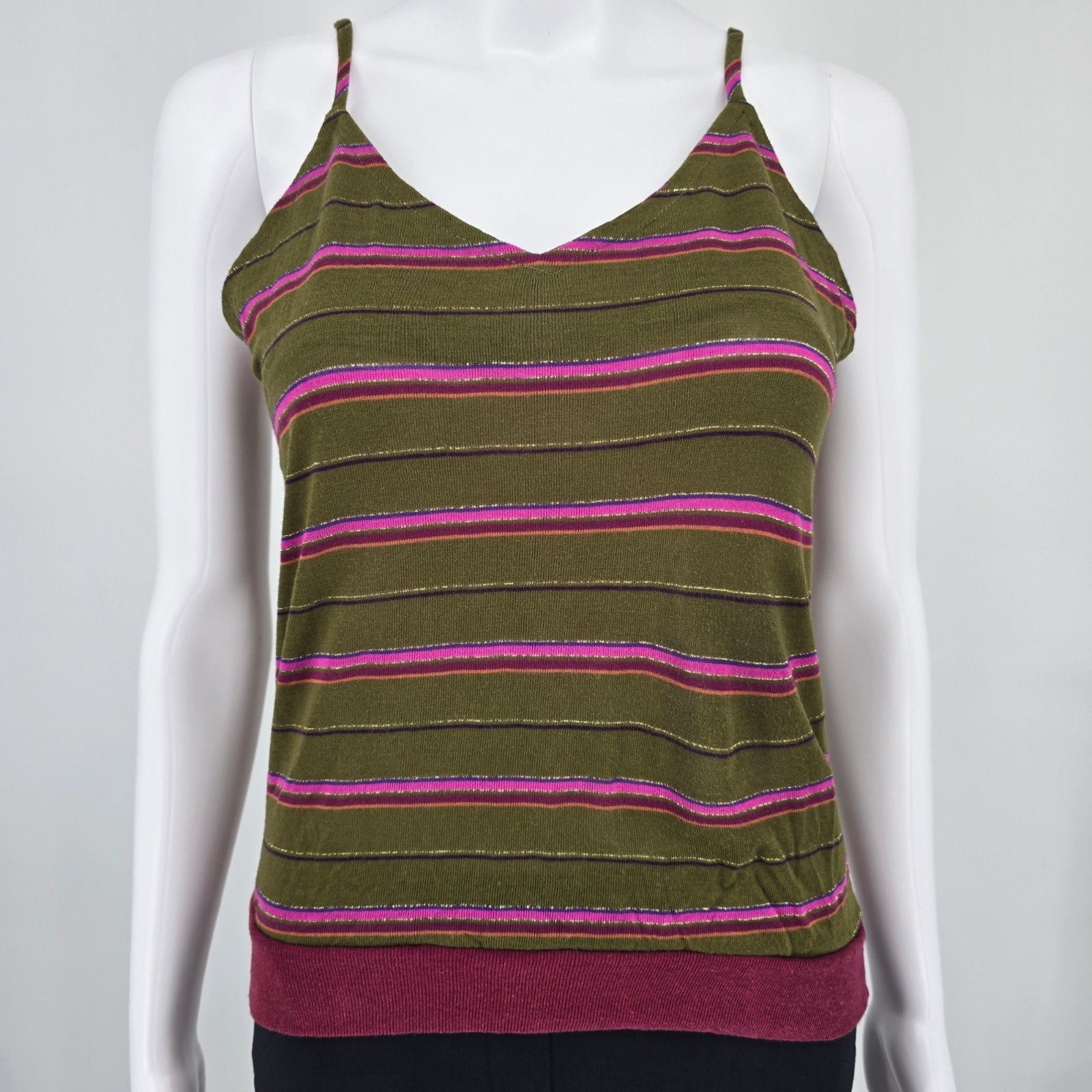 Vintage 1970s Olive Green Metallic Striped Spaghetti Strap Disco Tank Top (S)