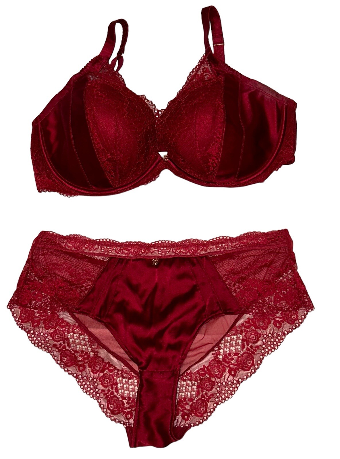 2PC AUTOGRAPH Deep Red Shiny Silky Sheer Satin Lace Panties & Bra 38DD NWOT