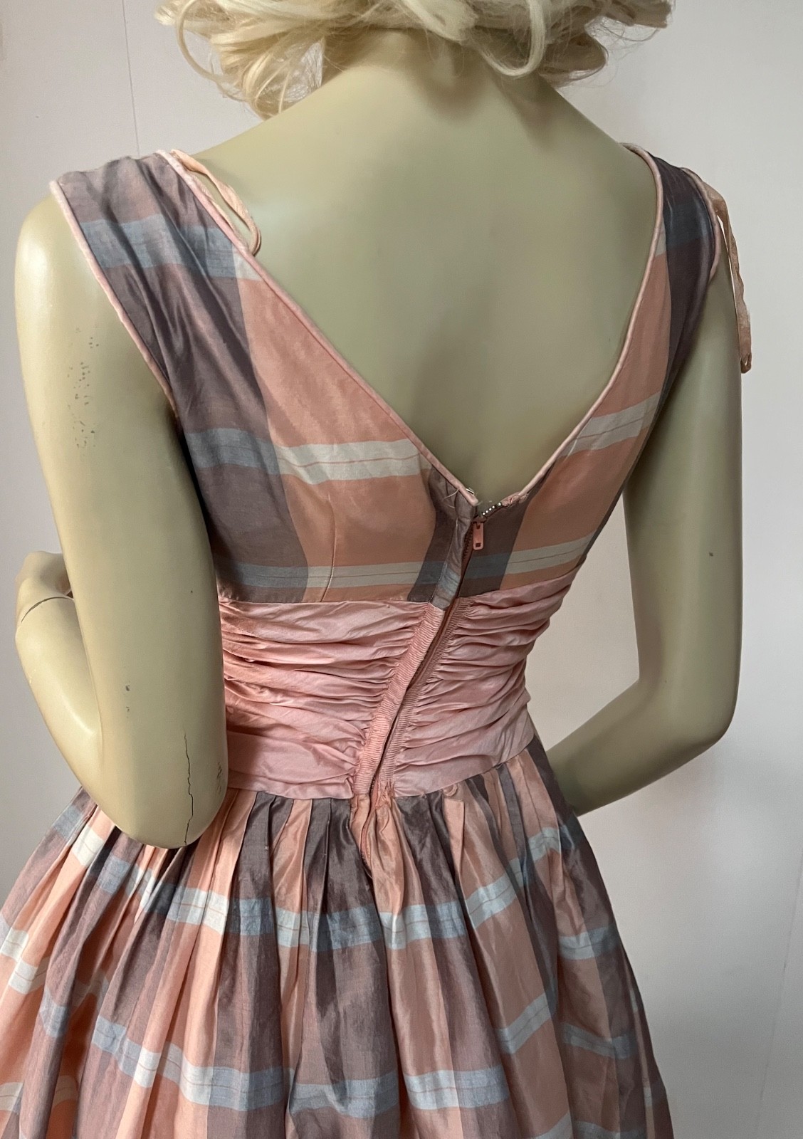Vintage 1950 Plaid Back Zipper Cummerbund Crinoline Cocktail Party Dress Bust 33