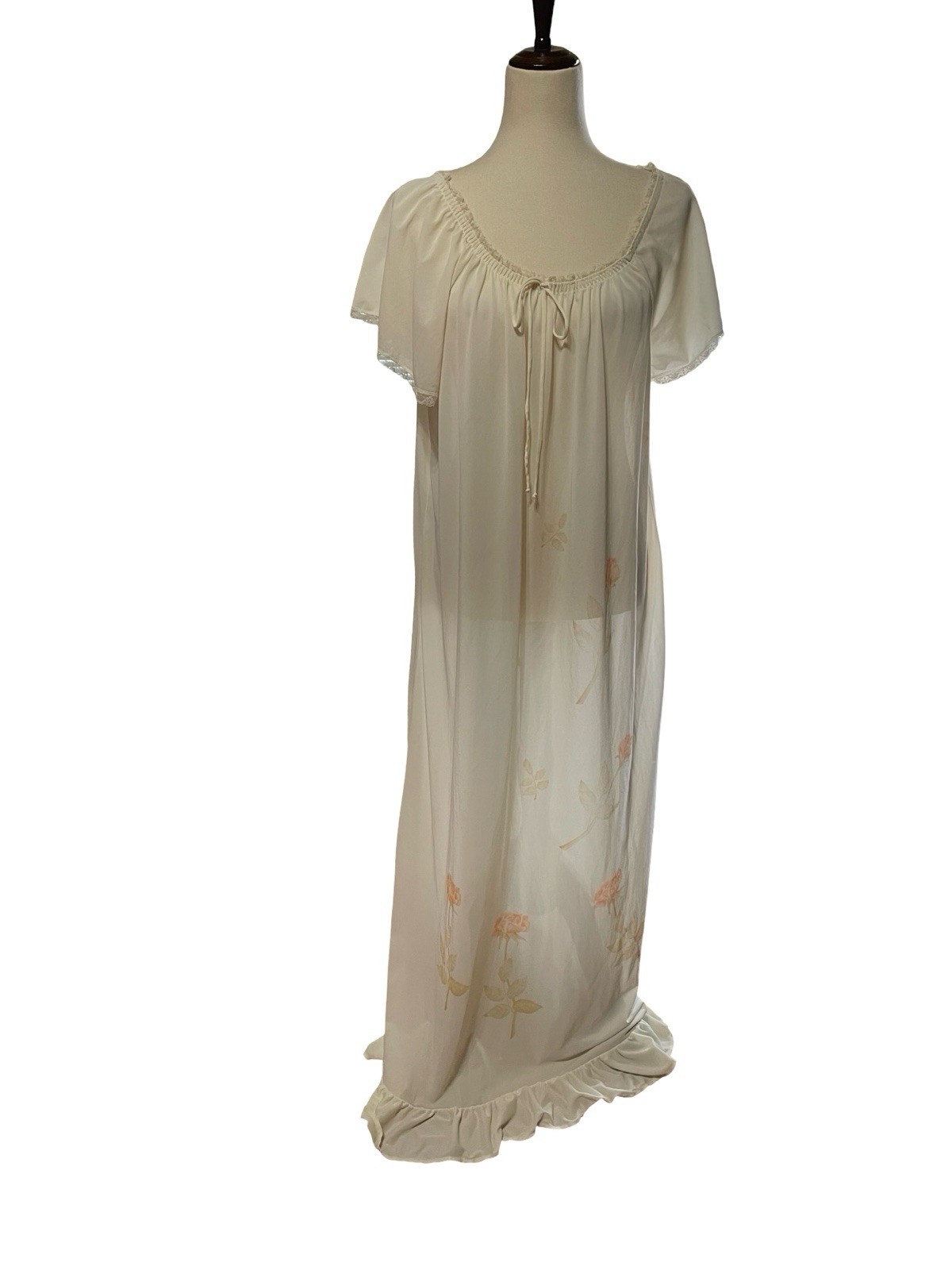 Philmaid Large Nightgown Gown On Off Shoulder Long Nylon Cream Peach Rose 1970s