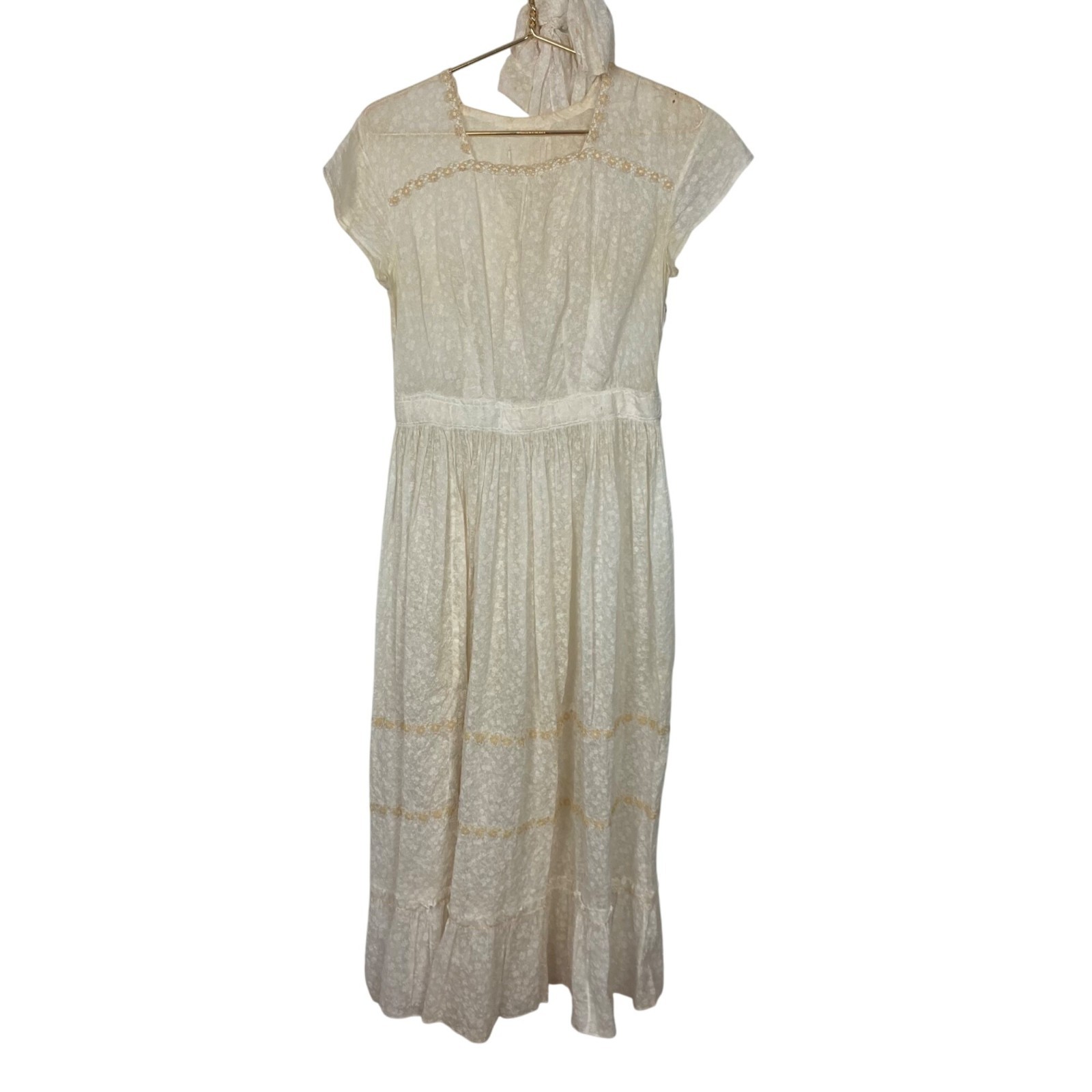 Antique Victorian Sheer Lace Tea Dress Ivory Floral Bow Ruffle Skirt As Is