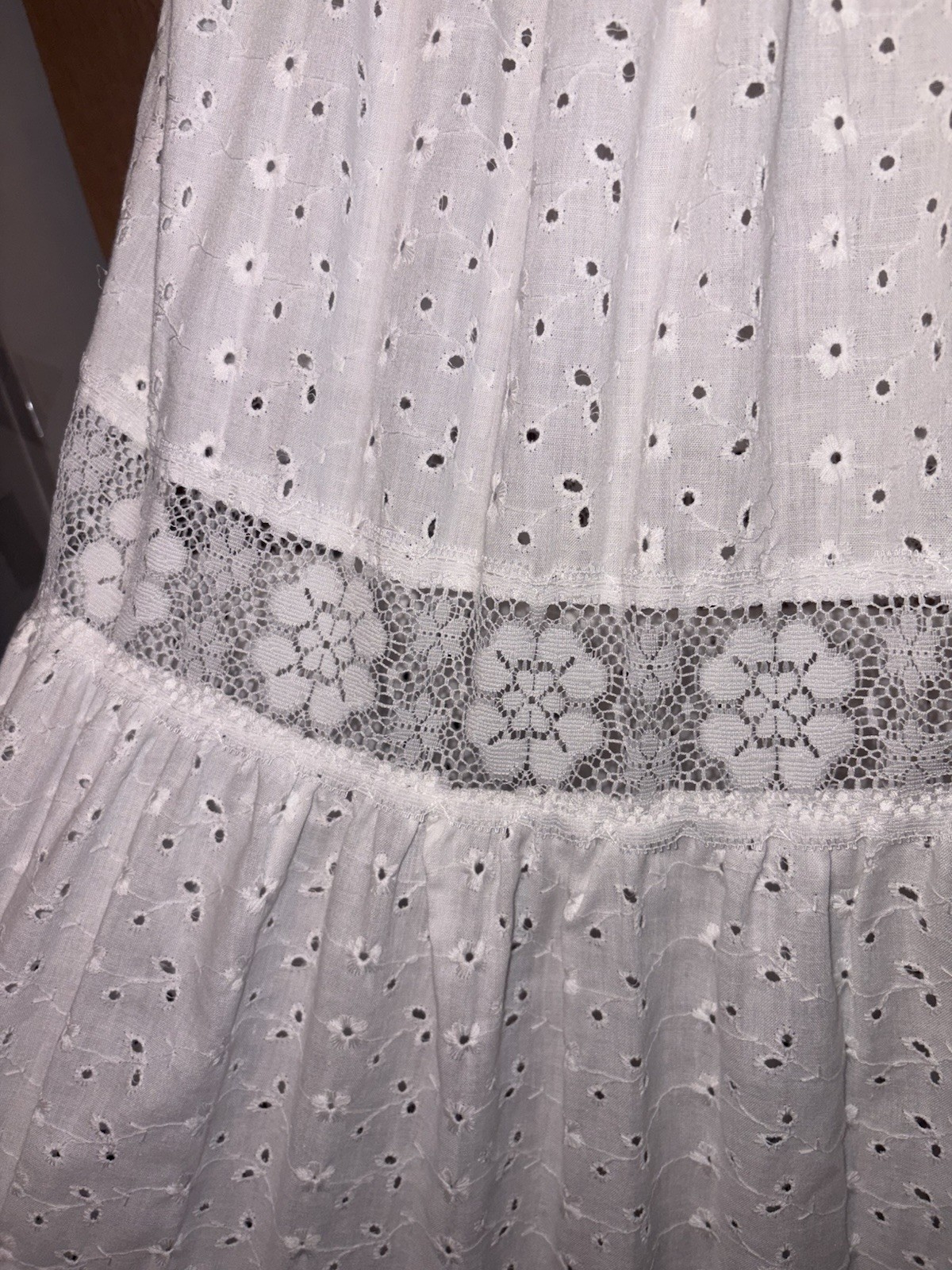 Vtg 70&rsquo;s David Brown CA Prairie Cottagecore Dress Tiered Eyelet L/XL READ Tag S
