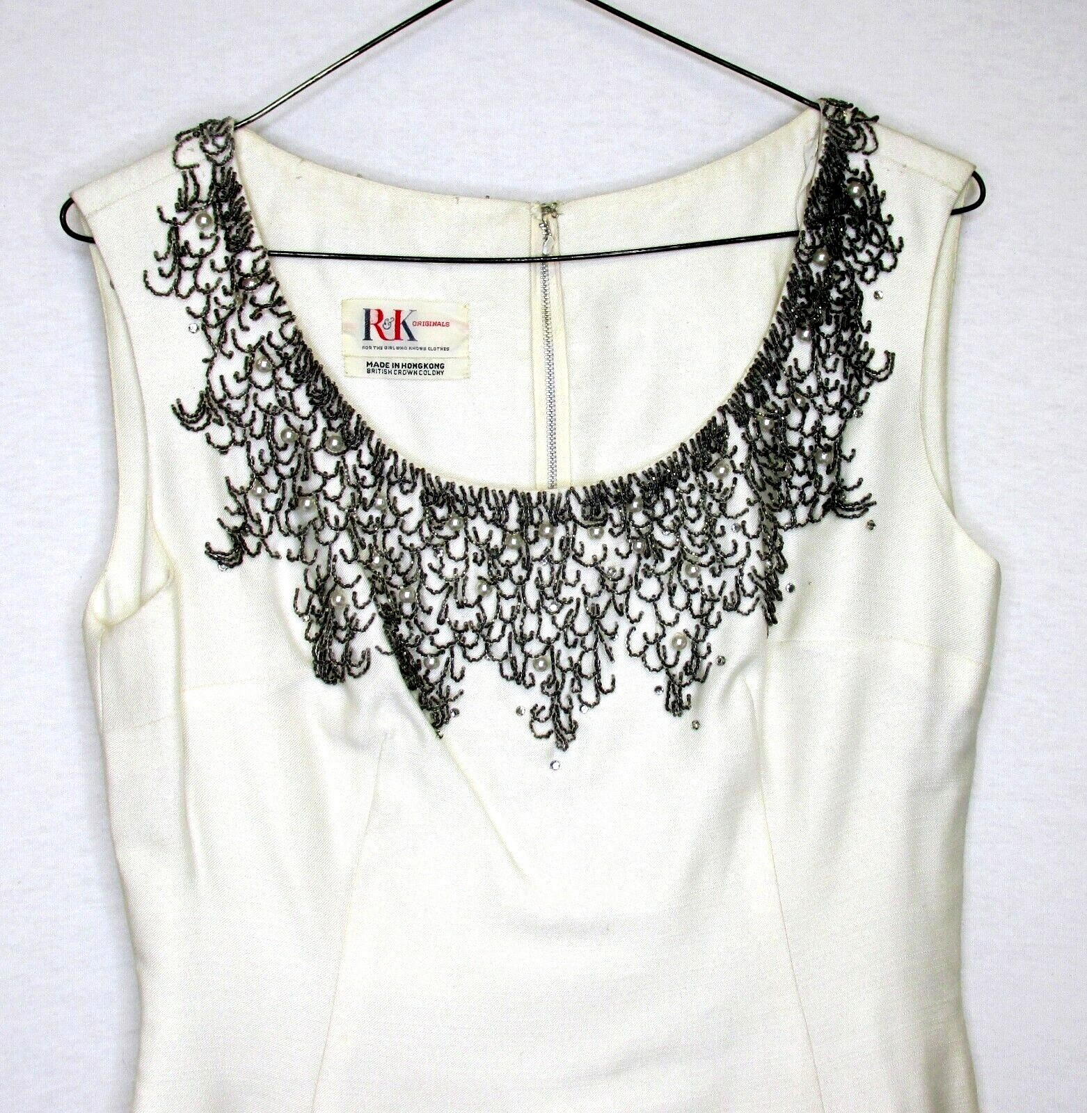 Vintage 60s R&K Originals Cream Shantung Gray Beaded Sheath Dress Holiday 34&Prime;