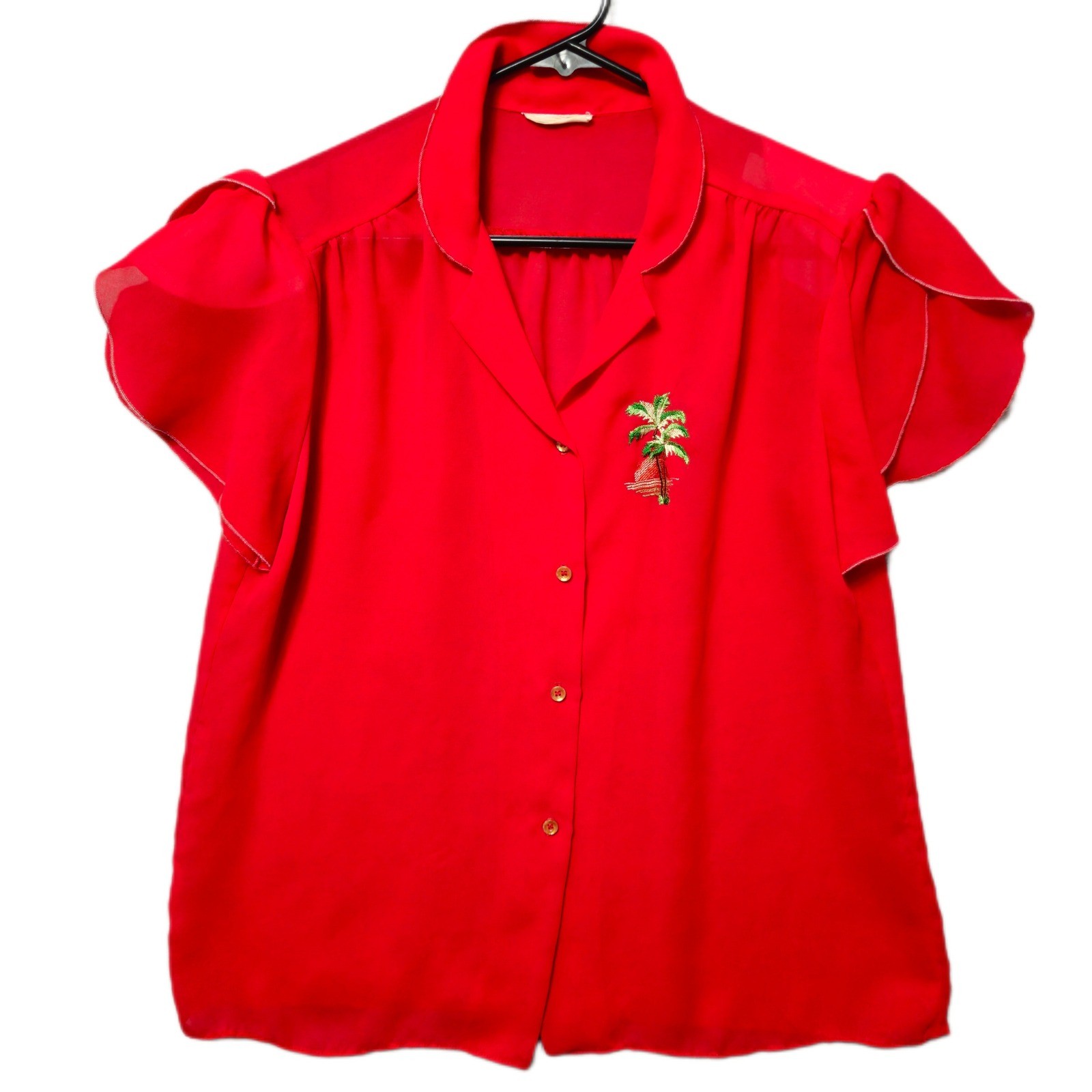 Sunrise of California Womens Blouse L Hawiaan Red Palm Flutter Sleeve Vintage