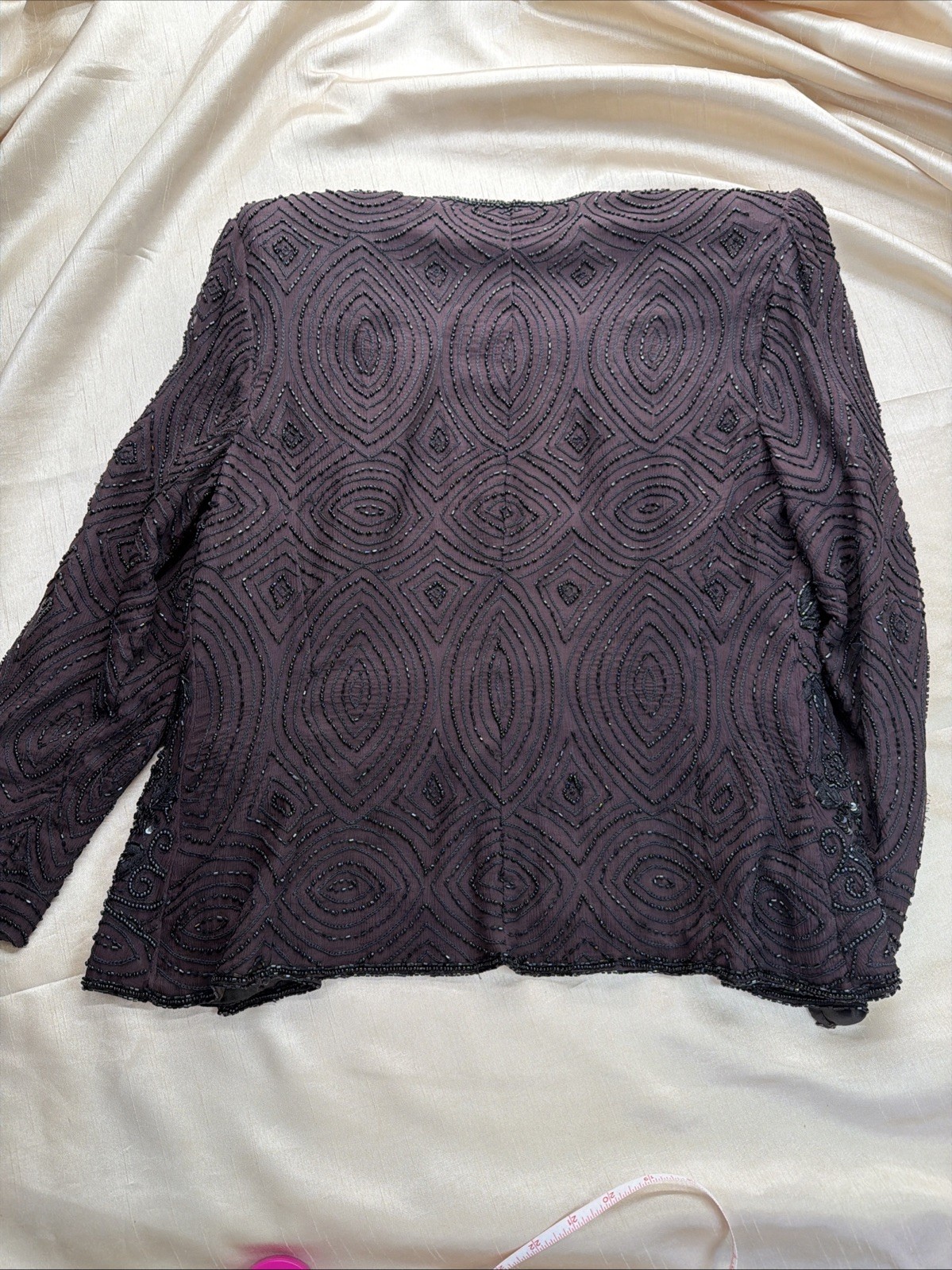 1980s Stenay Luxe Women Evening Jacket Brown & Black Beaded Silk Shrug Sz M