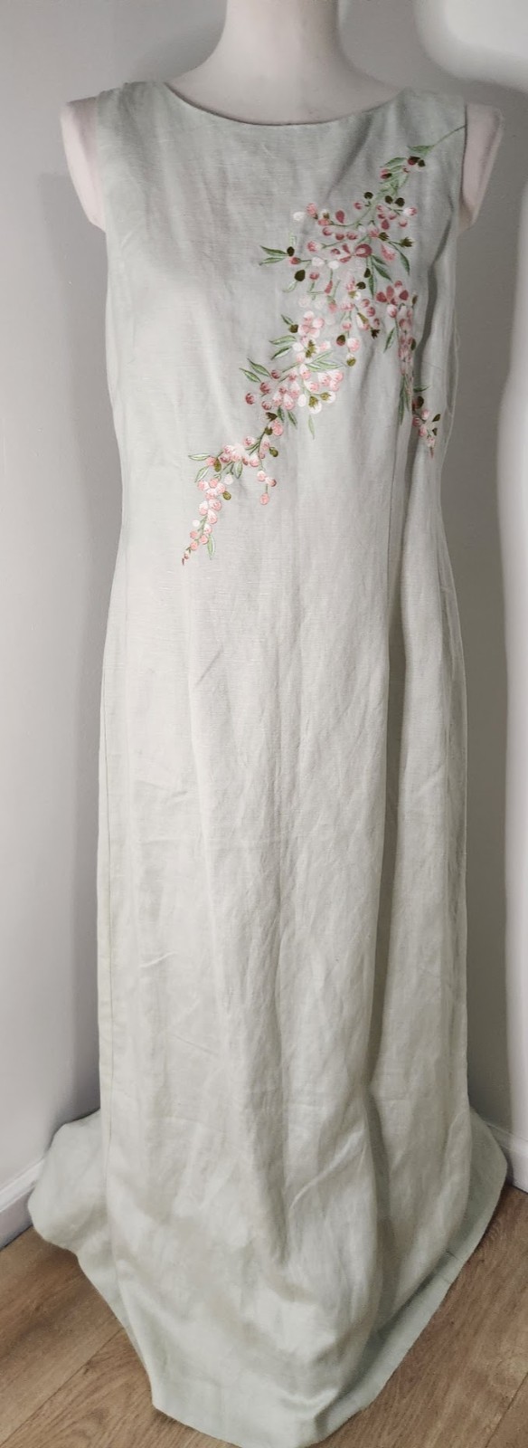 VTG Jessica Howard Embroidered Floral Mint Green Linen Blend Maxi Dress Sz 14