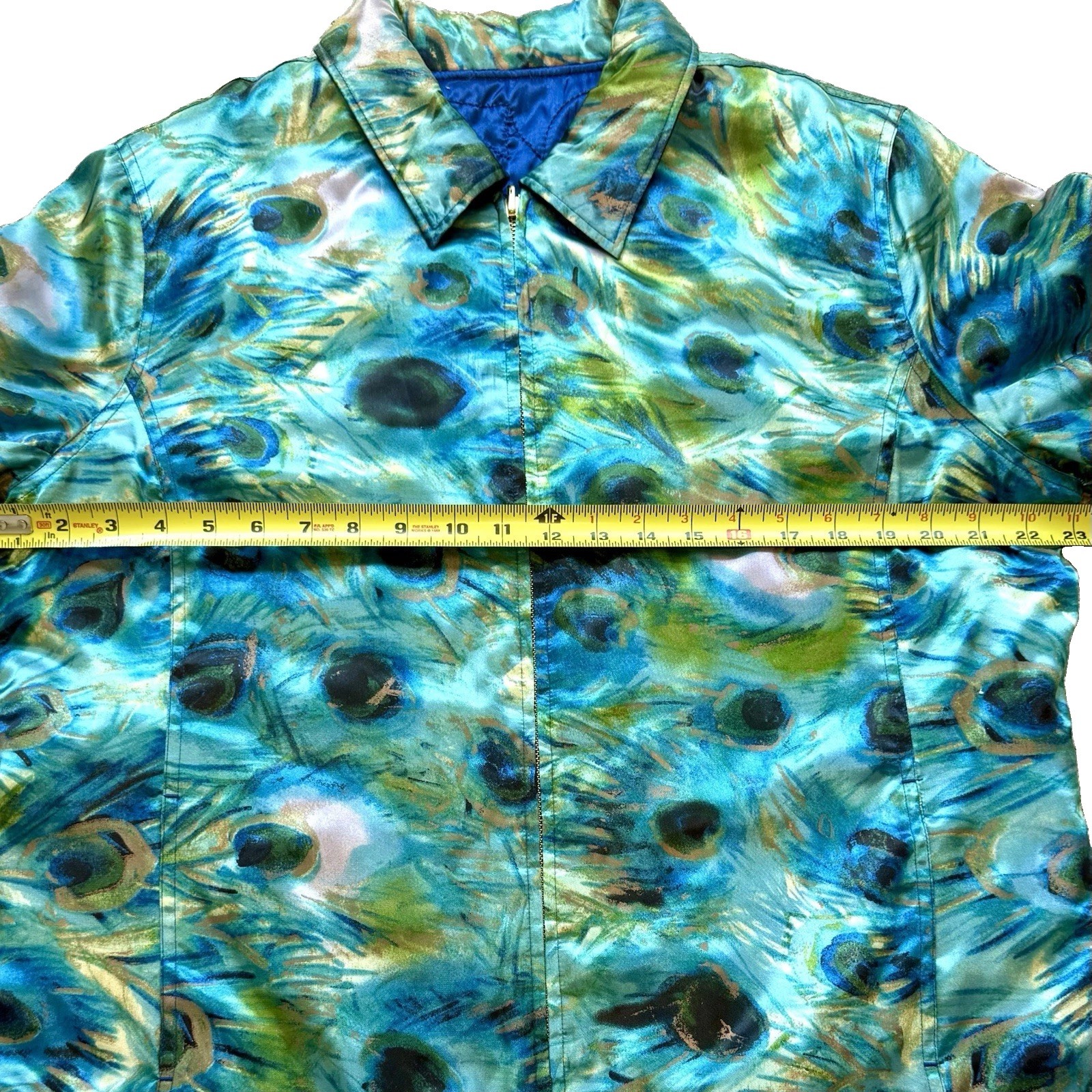 Vintage Reversible Peacock Feather Quilted Jacket Wearable Art Womens XL 80s 90s