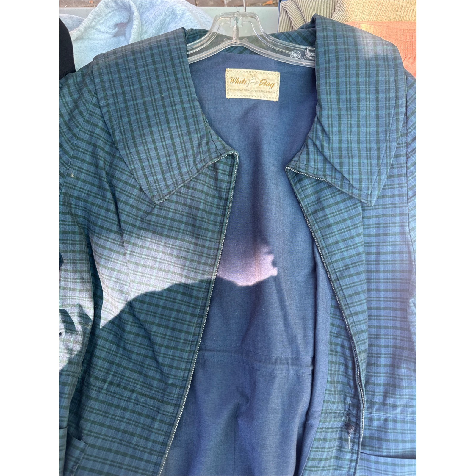 Vintage White Stag Plaid Zip Up Jacket Blue Green Canvas 50s 60s Portland Oregon