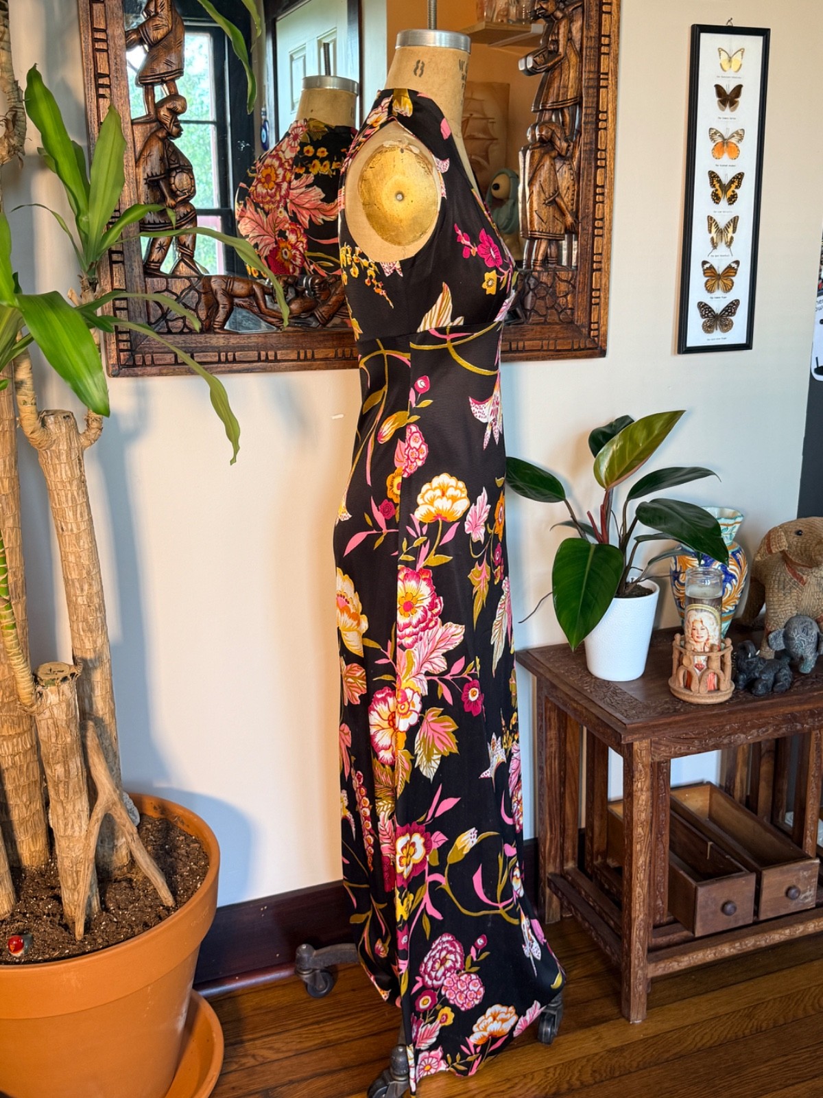 Vintage 70s Slinky Keyhole Polyester Maxi Disco Floral Dress 10