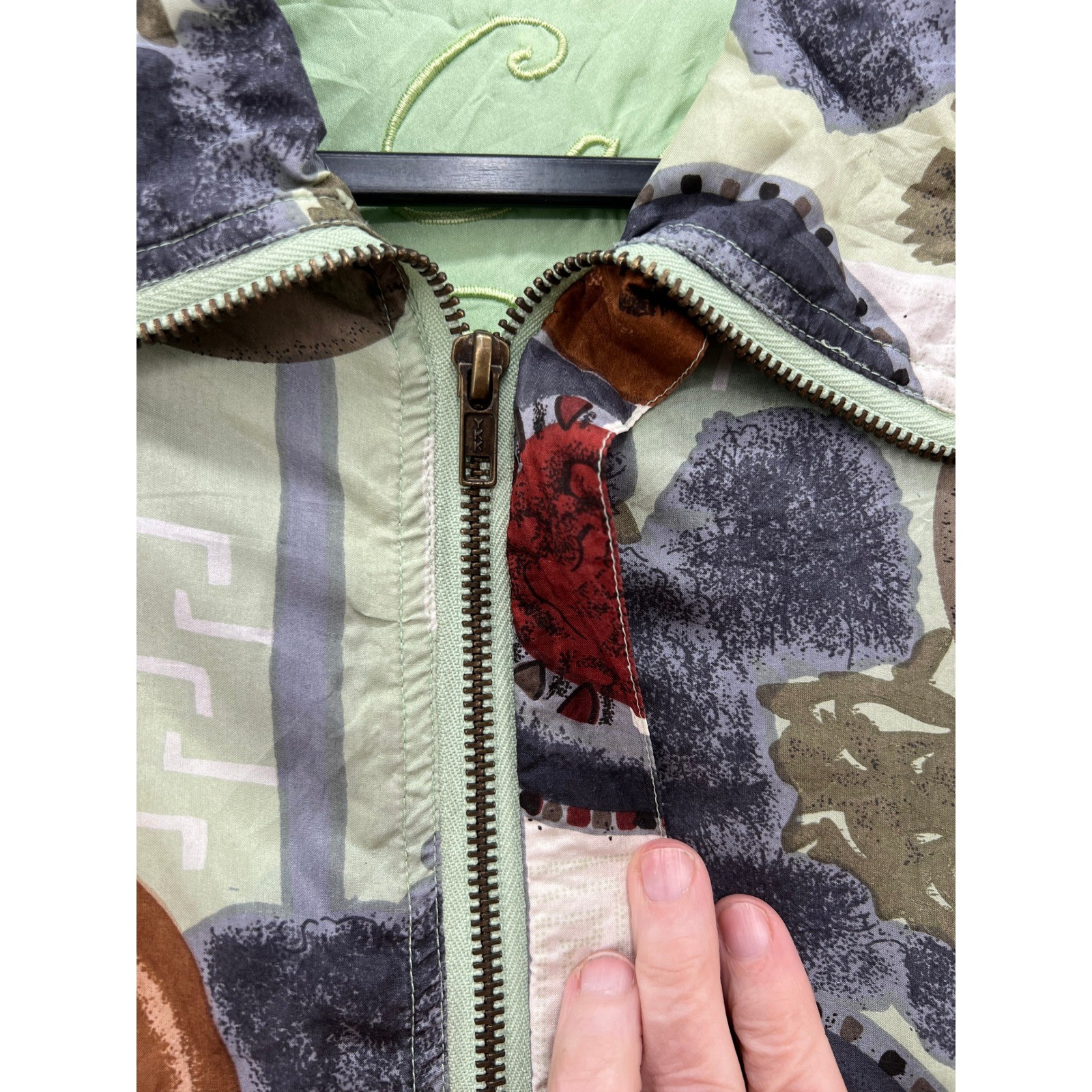 VTG Carte 100% Silk Bomber Jacket Abstract Medallion Print Sage Green Medium