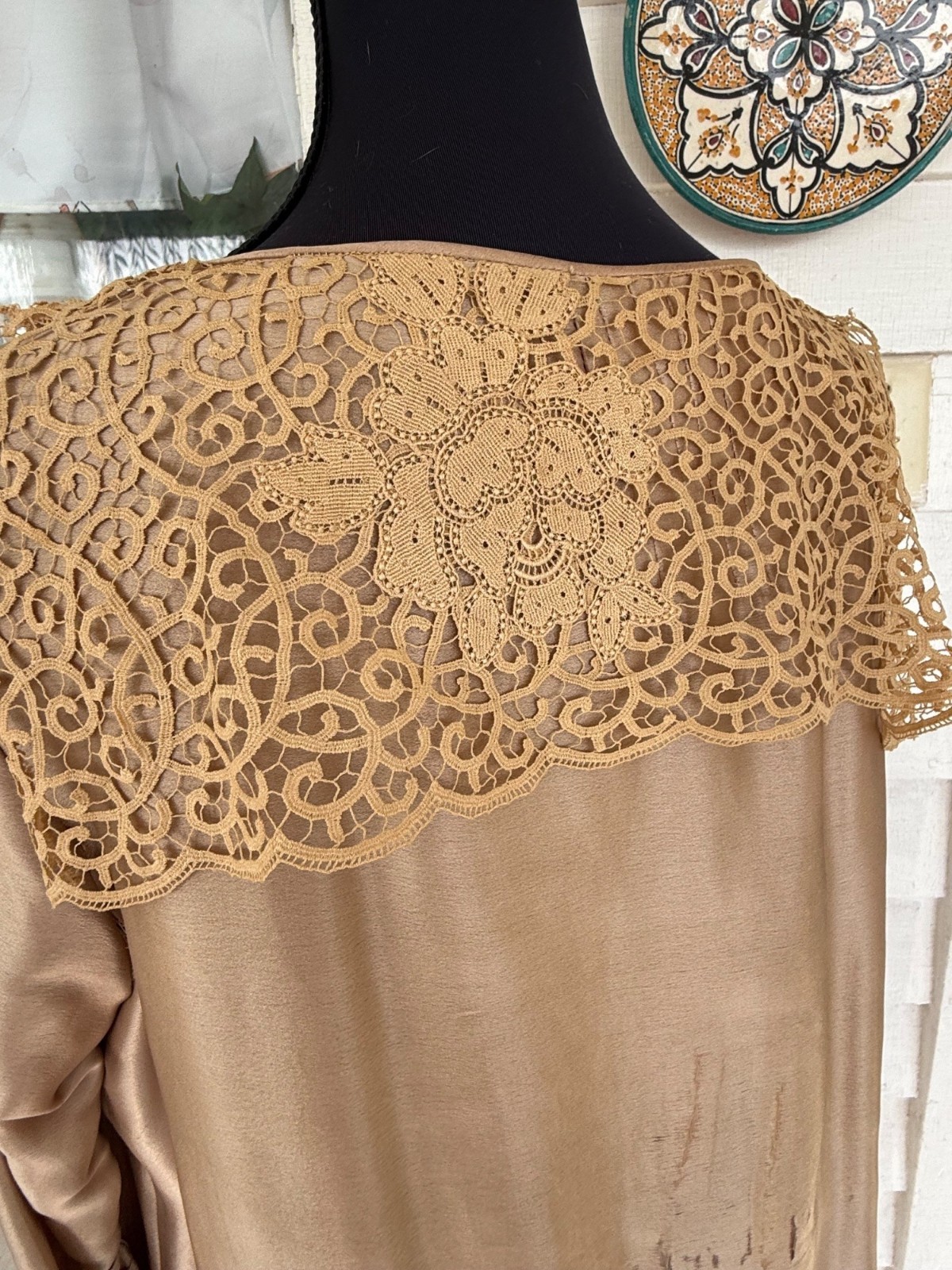 Antique 1920s Tan Silk Flapper Dress With Lace Yoke AS IS TLC Size M
