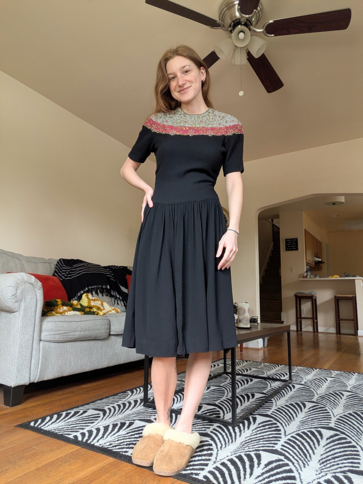 1940s Black Crepe Dress with Beading and Embroidery