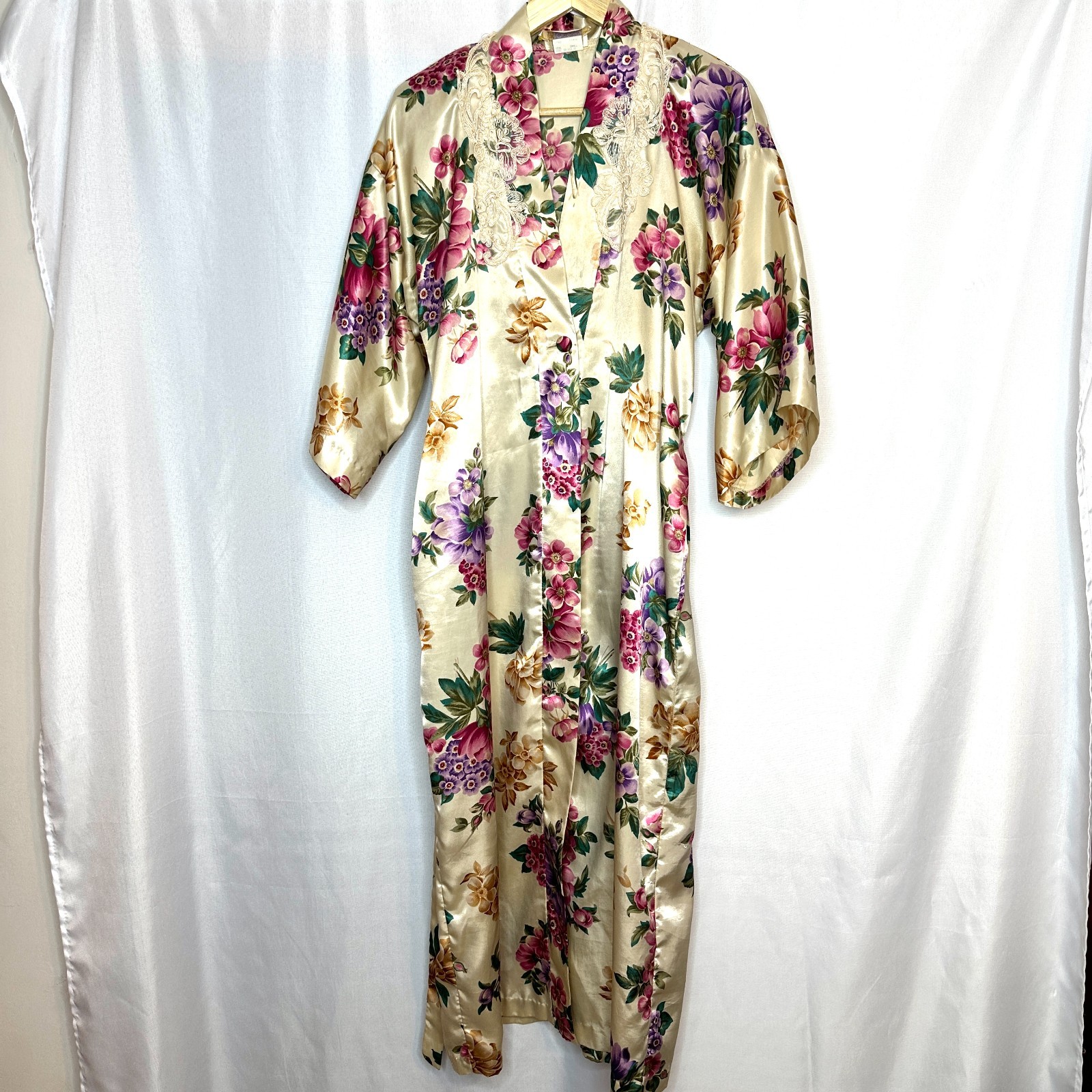 VTG California Dynasty Floral Lace Belted Robe, Small Made USA Coquette Cottage