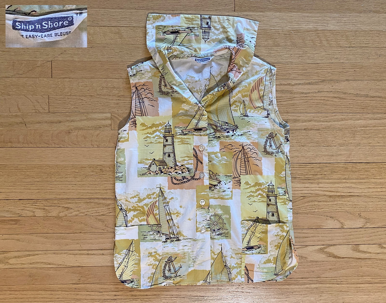 Vtg 50s Summer Rockabilly Blouse Nautical Sailboats Lighthouse Ship Novelty XS