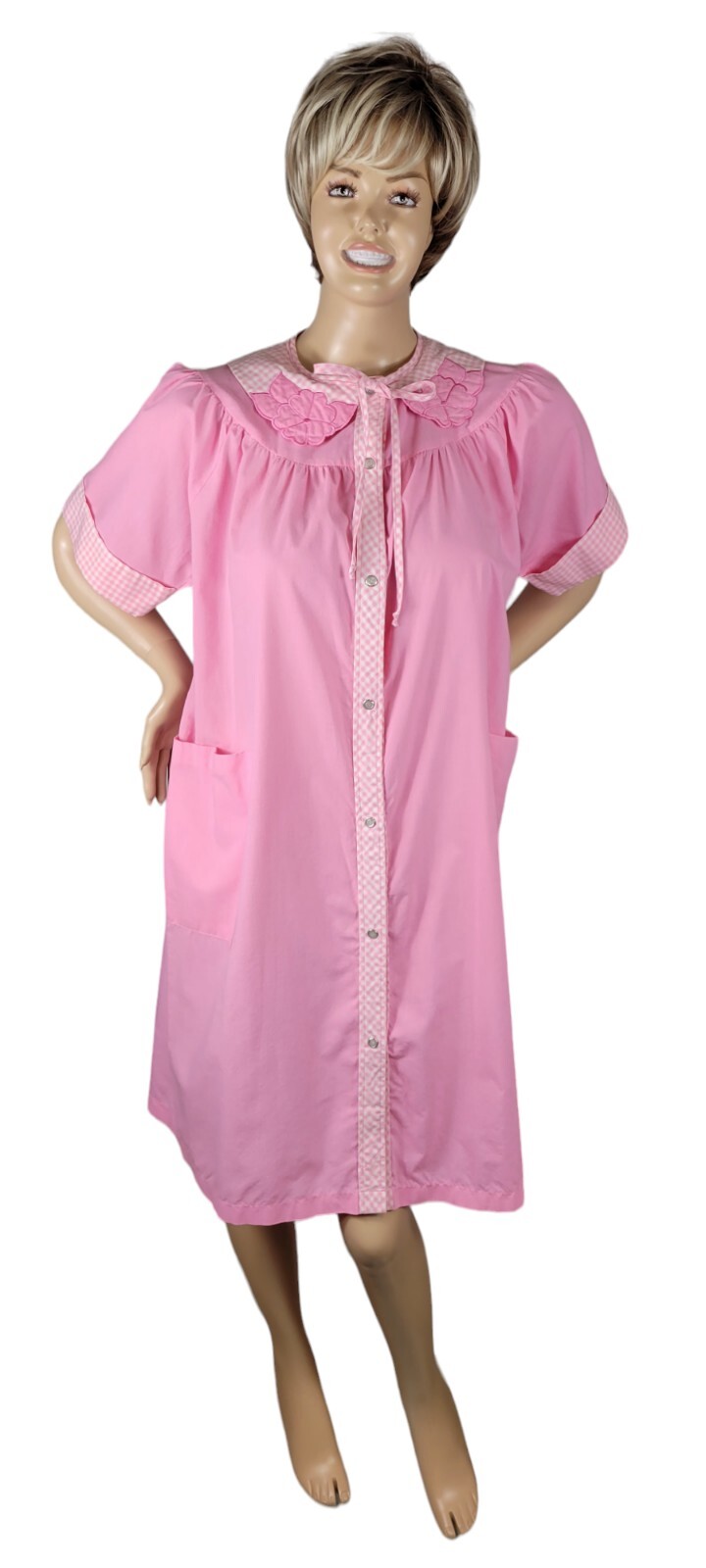 Vintage Kelly Reed Pink White Gingham Plaid House Dress Robe Snap Up Loungewear