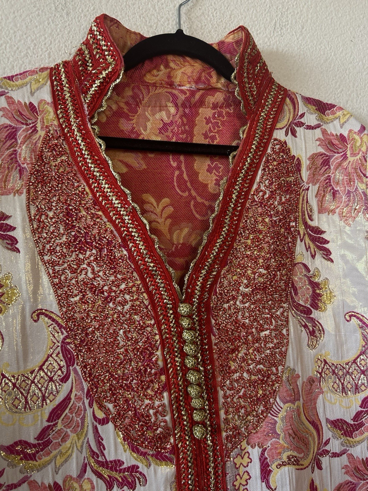 Vintage 1970’s Moroccan Brocade Kaftan Maxi Dress Pink Gold Embroidered L/XL