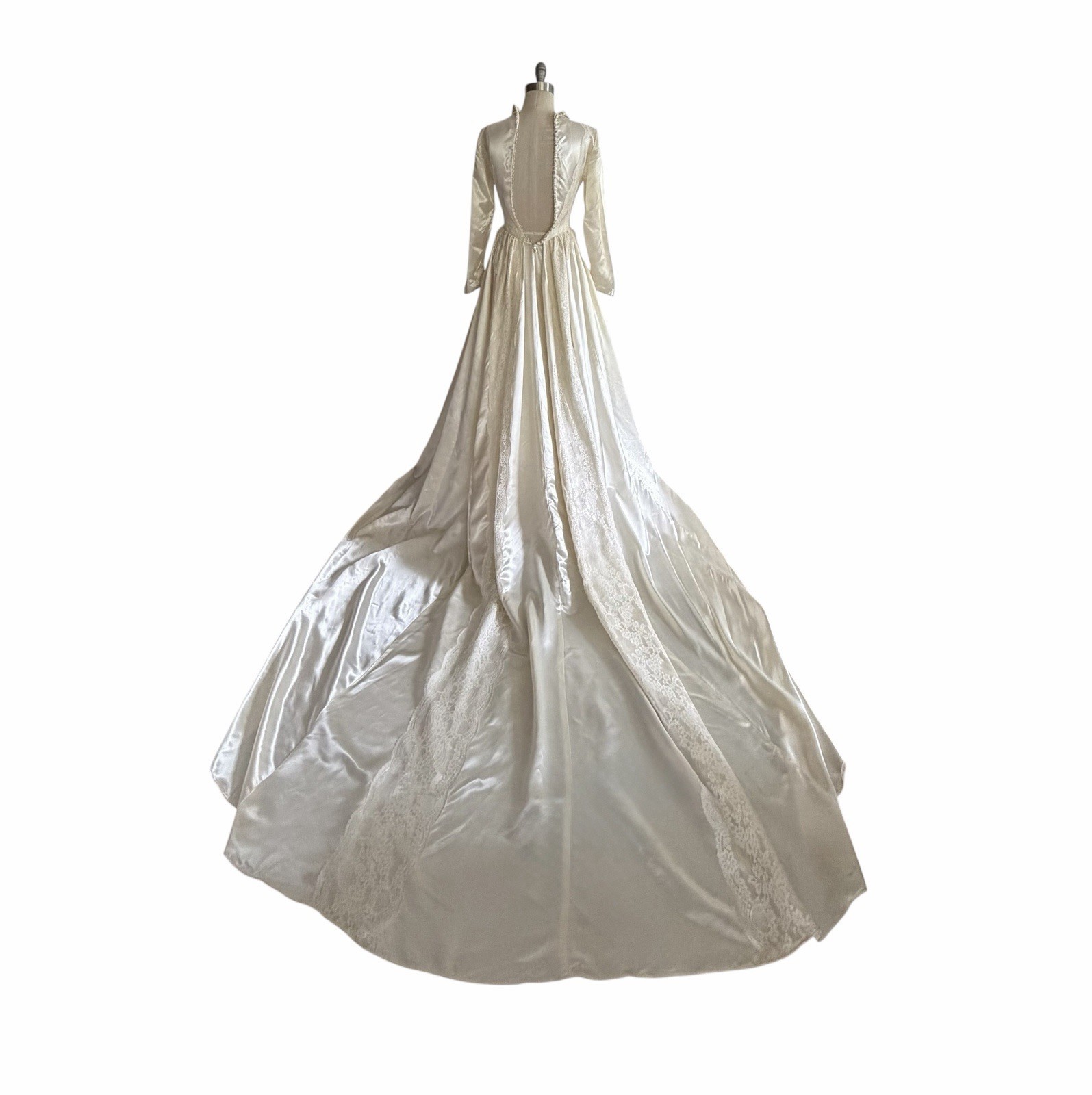 Vintage 1940s Wedding Dress, Liquid Satin,Ivory, Long Dramatic Train, Lace
