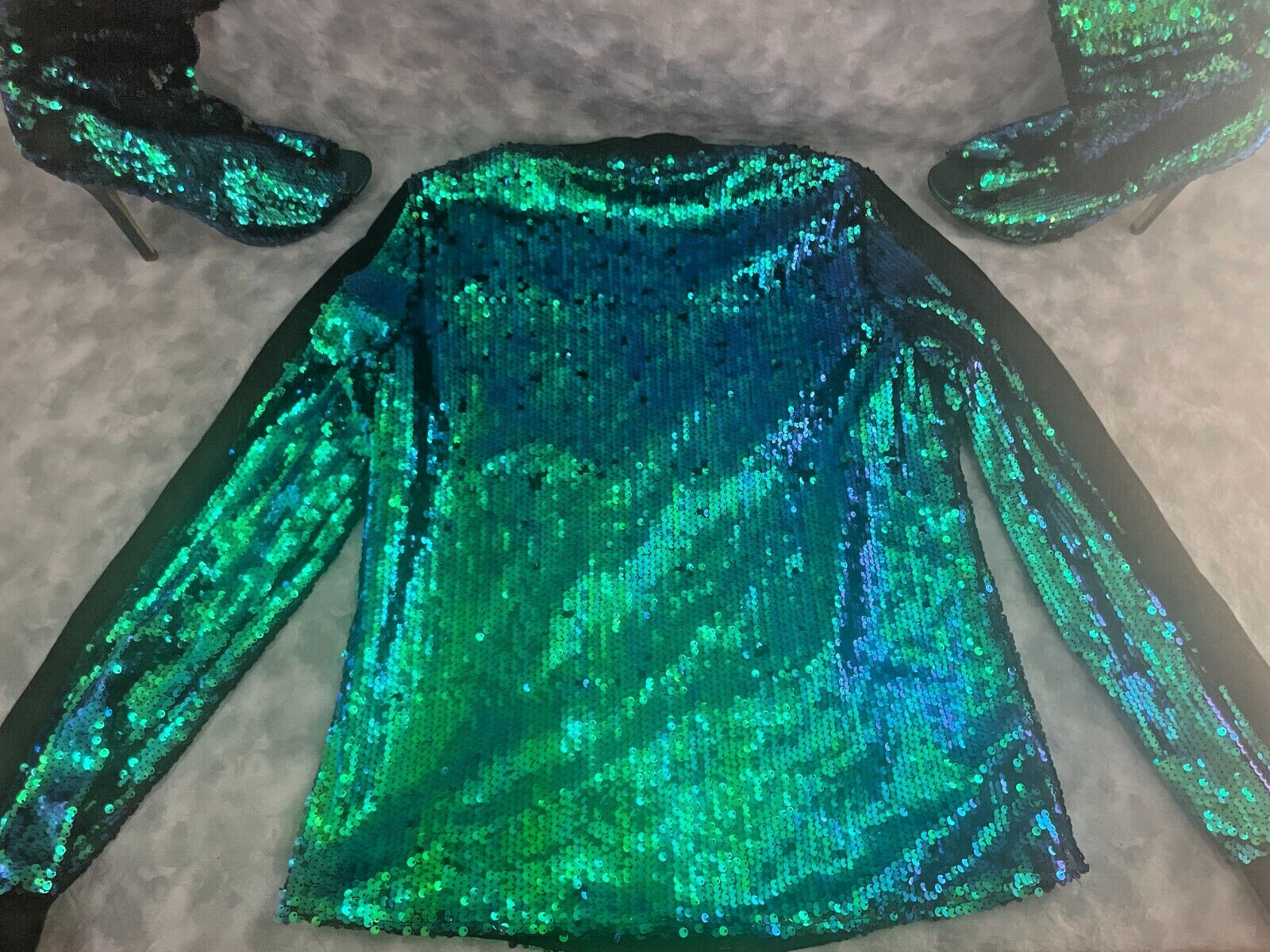 2010s Vtg Mermaid Sequin Bomber Jacket & Boots « RARE SET » Blue Green Glam ✨🔥