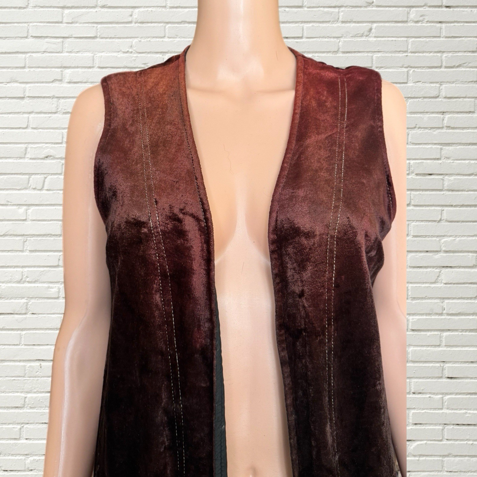 Vintage 70s Duster Vest – Ombré Velvet Fur Trim Long Vest – Hippie Glam Rock S