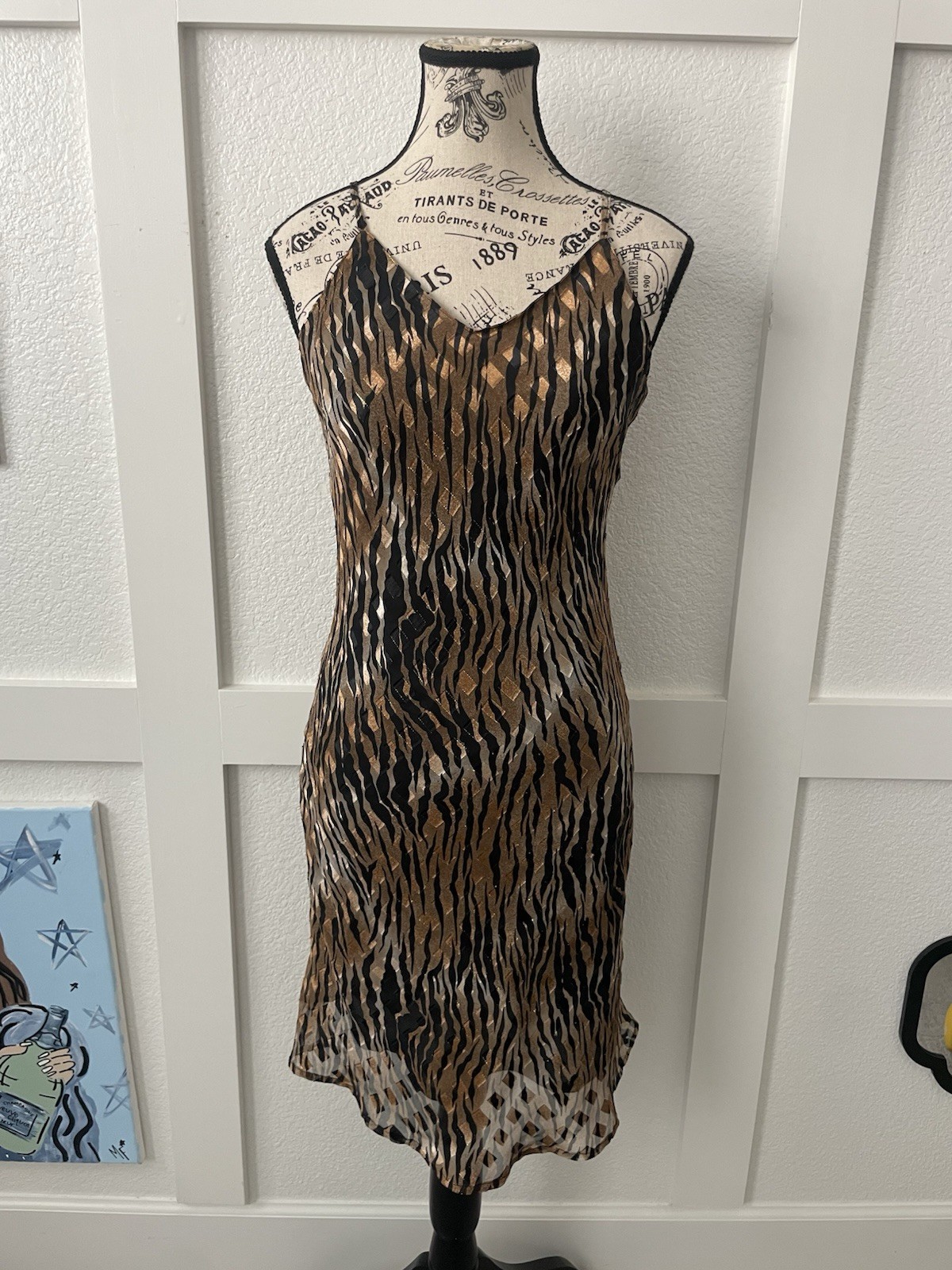 Vintage Mesmerize Brown & Black W/ Gold Tones Abstract Tiger Stripes Slip Dress