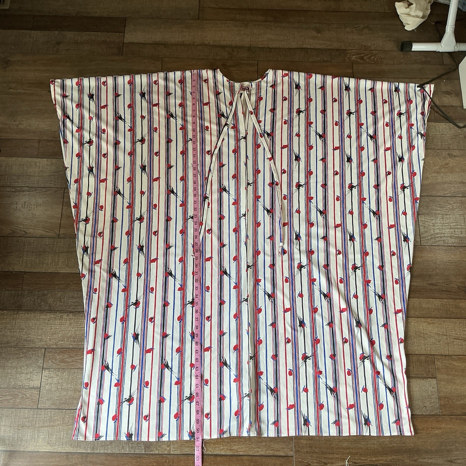 70s VTG White Striped Tulip Print Caftan Maxi Dress Batwing One Size Plus #8E2