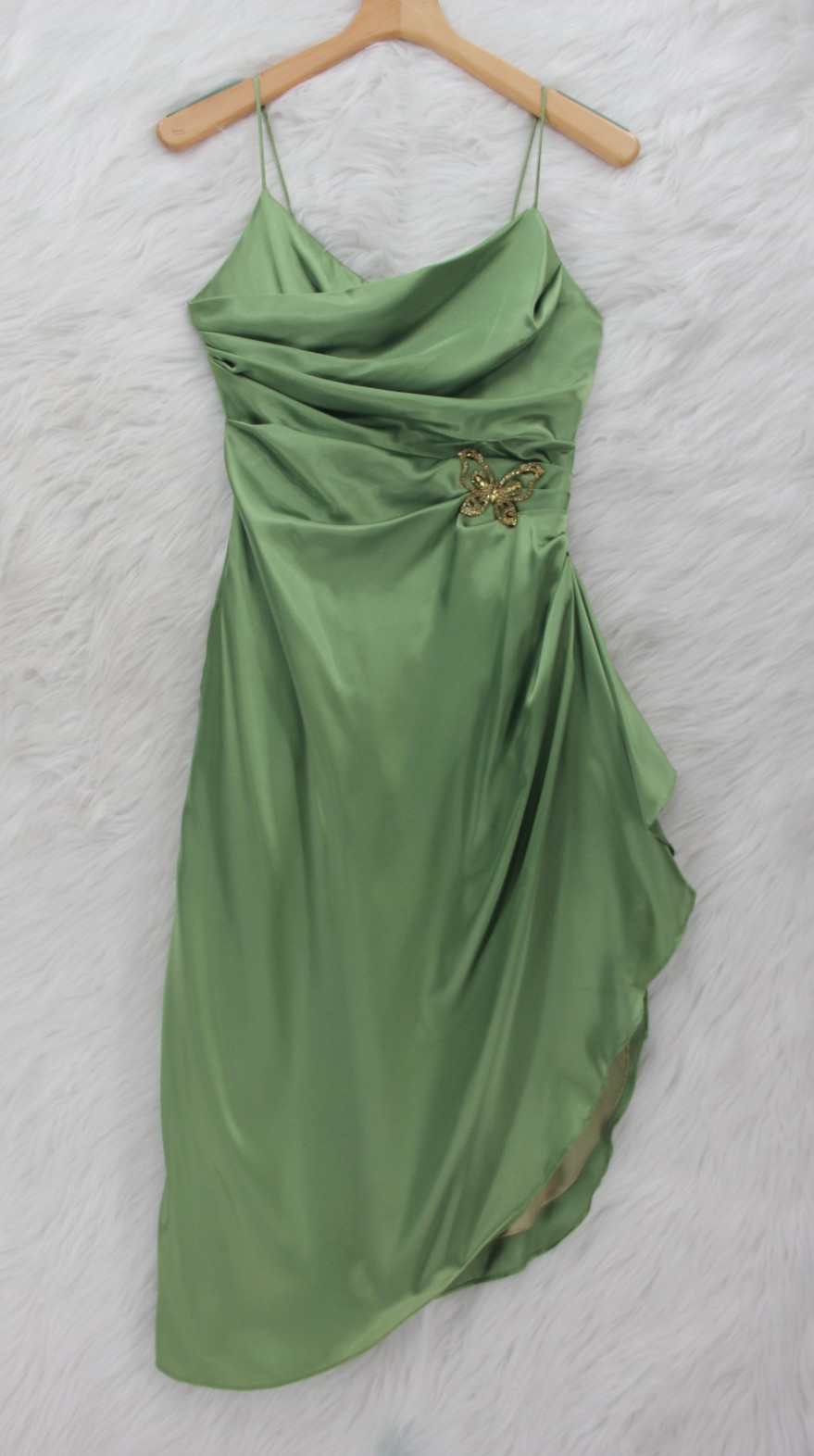 Vtg Y2K Bari Jay Cocktail Dress 8 Green Satin Butterfly Asymetircal Hem Fairy