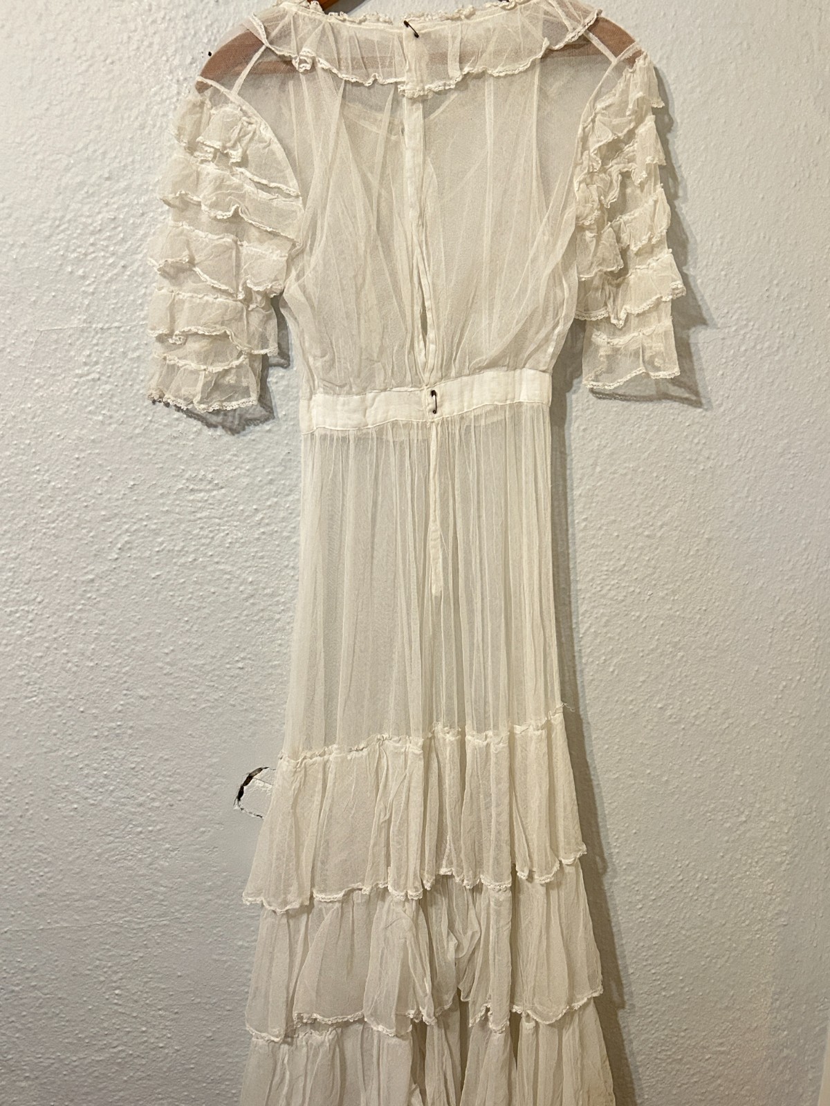 READ Edwardian Antique XXS Net Lace Gown Tea Lawn Dress Tiered Skirt Wedding